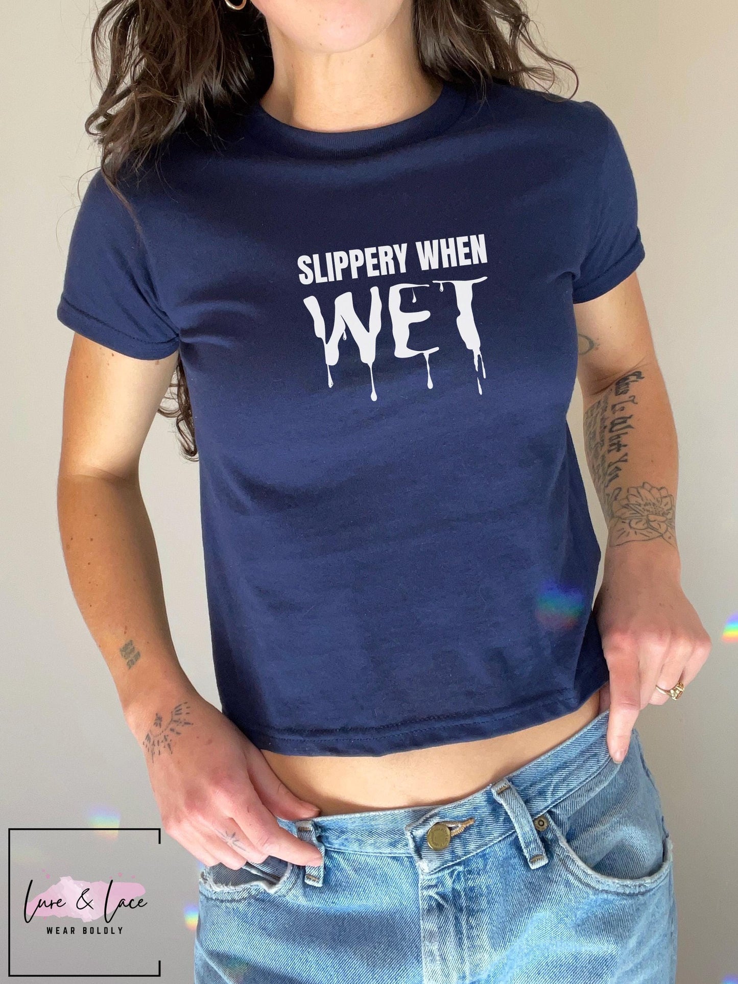 Slippery When wet Y2K Sexy Cute Baby Tee Crop Top, Date Night Naughty Apparel