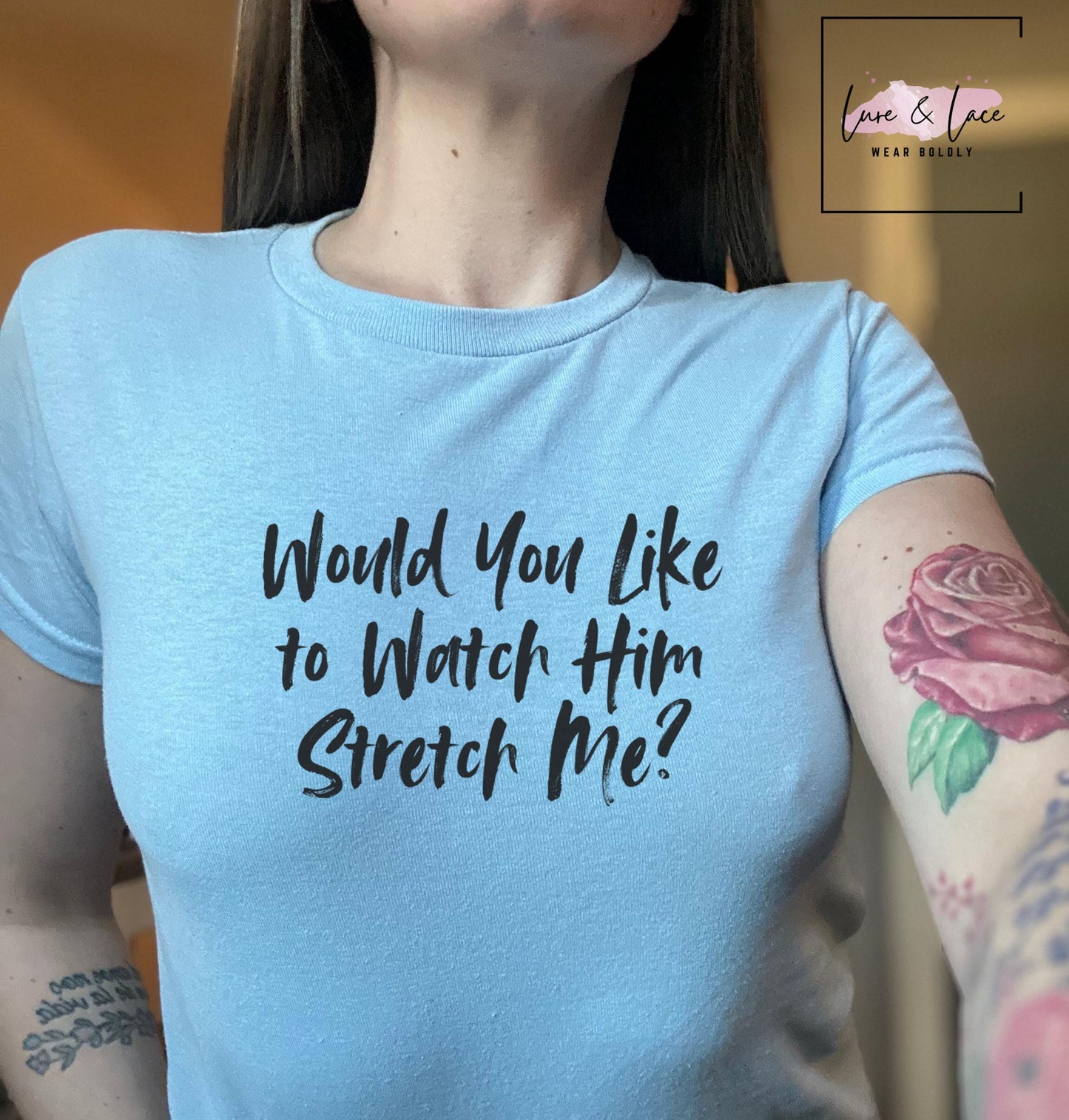 Would You Like to Watch Him Stretch Me Y2K Sexy Cute Baby Tee Crop Top, Naughty Apparel Queen of Spades Swinger