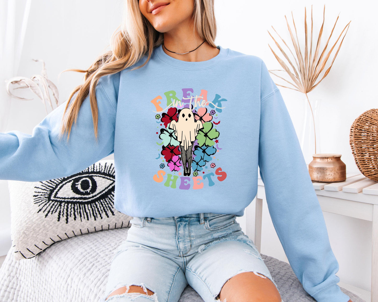 Freak In The Sheets Halloween Sweatshirt Cute Girl Ghost, Sexy Sweater Funny Spooky Ghosts