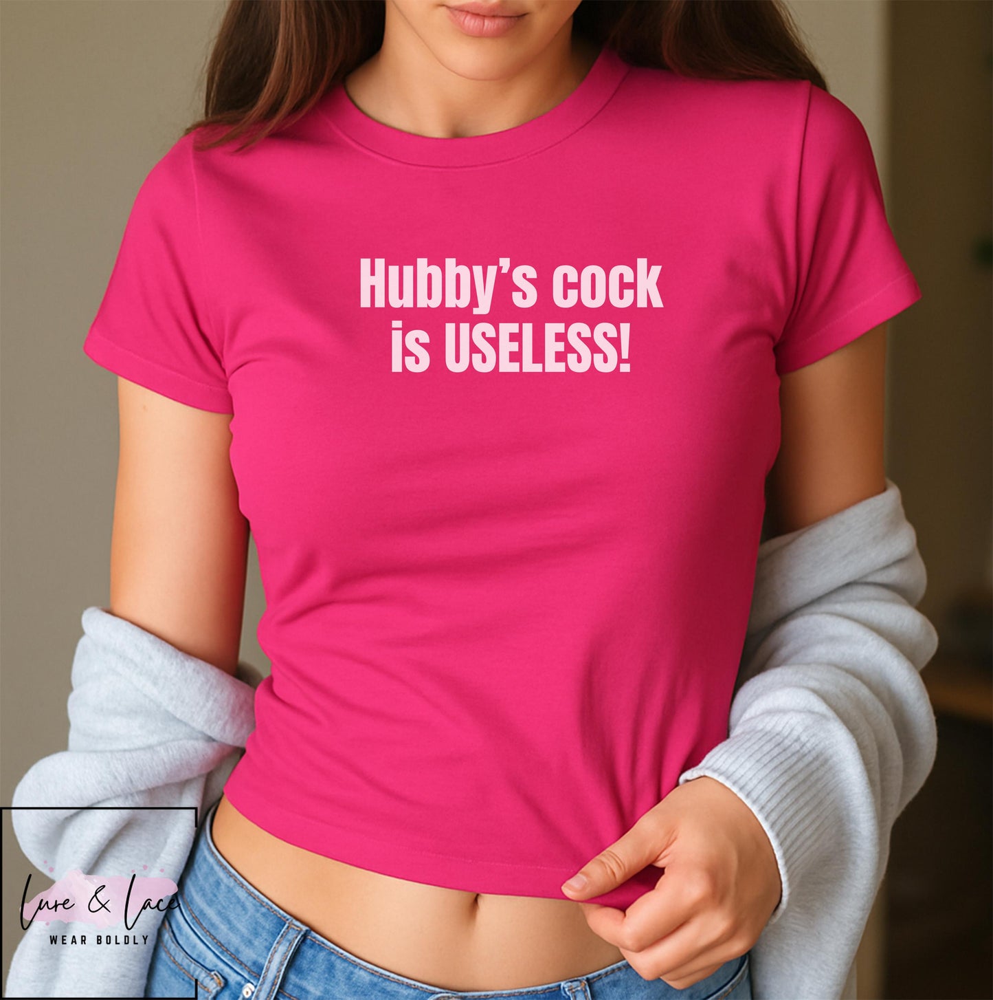 Hubby's cock is USELESS! Y2K Sexy Cute Baby Tee Crop Top, Naughty Apparel Queen of Spades Swinger