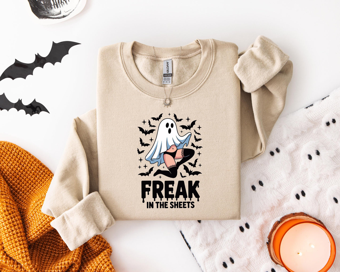 Freak In The Sheets Halloween Sweatshirt Cute Girl Ghost, Sexy Sweater Funny Spooky Ghosts