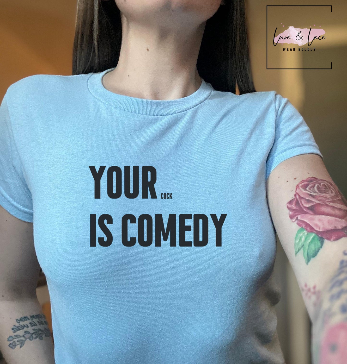 Your Cock is comedy Y2K Sexy Cute Baby Tee Crop Top, Queen of Spades, QOS Hotwife Lifestyle