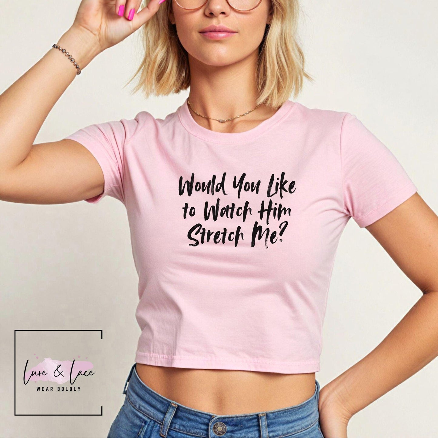 Would You Like to Watch Him Stretch Me Y2K Sexy Cute Baby Tee Crop Top, Naughty Apparel Queen of Spades Swinger
