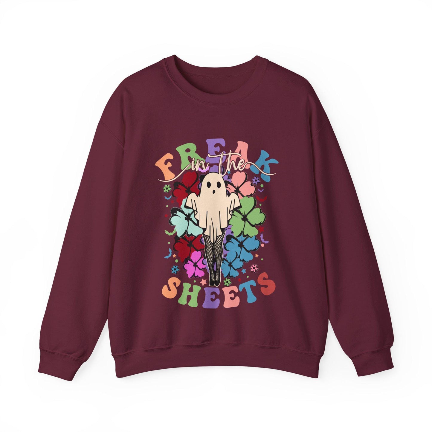 Freak In The Sheets Halloween Sweatshirt, Retro Sexy Sweater Funny Spooky Ghosts
