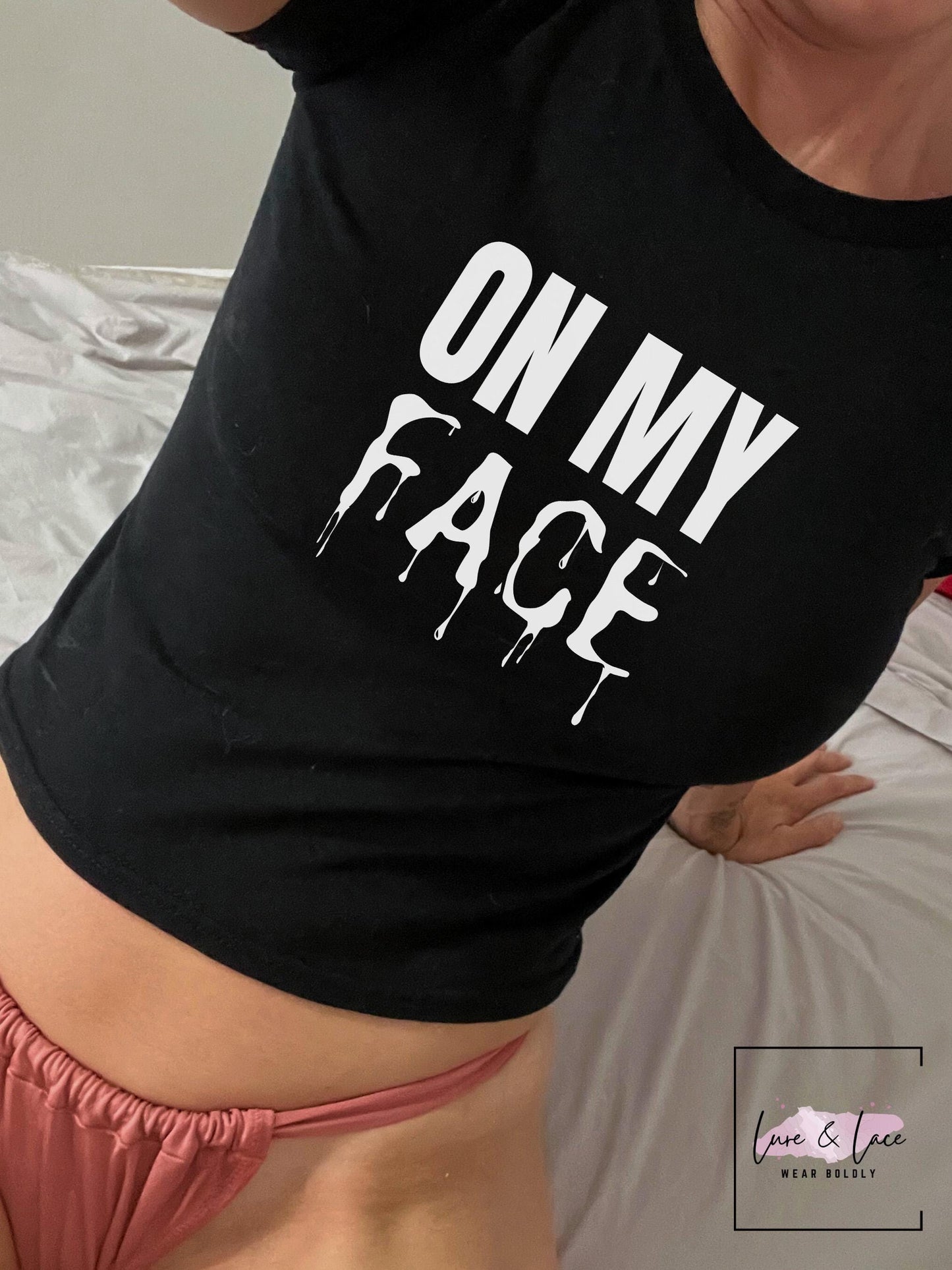 On my face Y2K Sexy Cute Baby Tee Crop Top, Cum lovers Date Night Naughty Apparel
