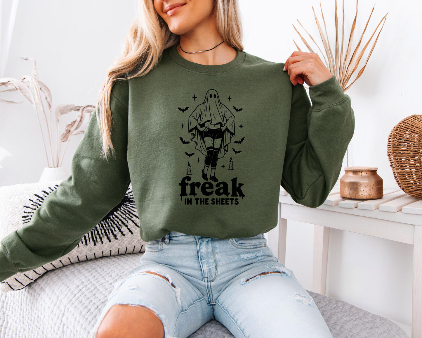 Freak In the Sheets Halloween Sweatshirt, Sexy Sweater Funny Spooky Ghosts
