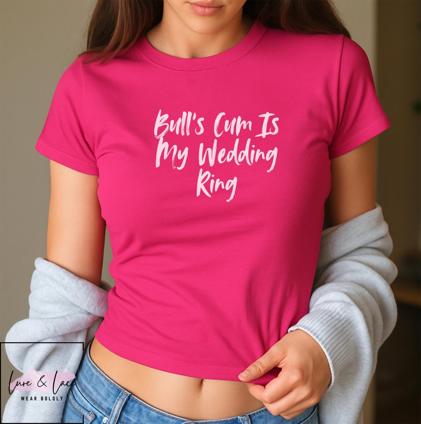 Bull’s Cum Is My Wedding Ring Y2K Sexy Cute Baby Tee Crop Top, Queen of Spades Swinger