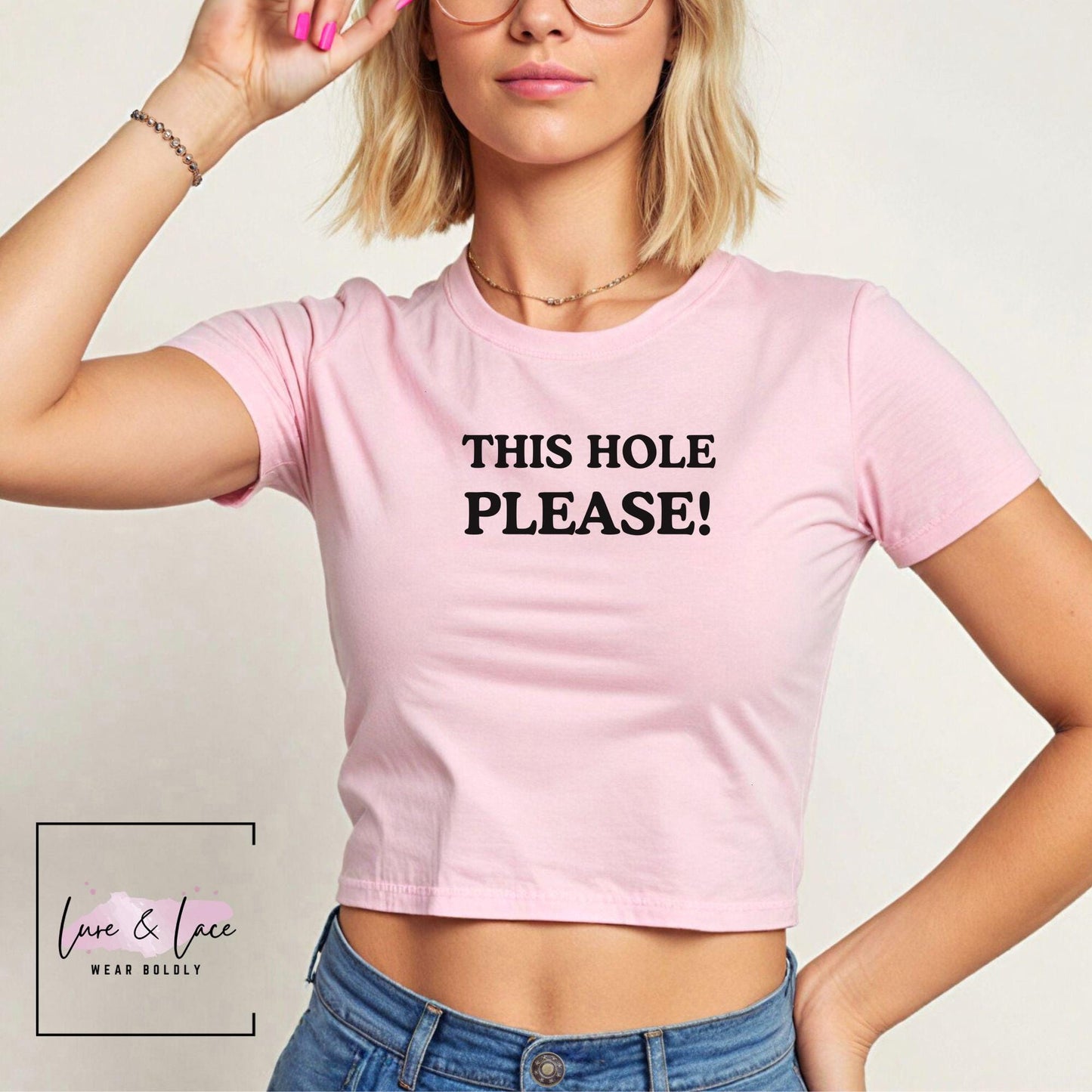 THIS HOLE Please Y2K Sexy Cute Baby Tee Crop Top, Date Night Naughty Apparel