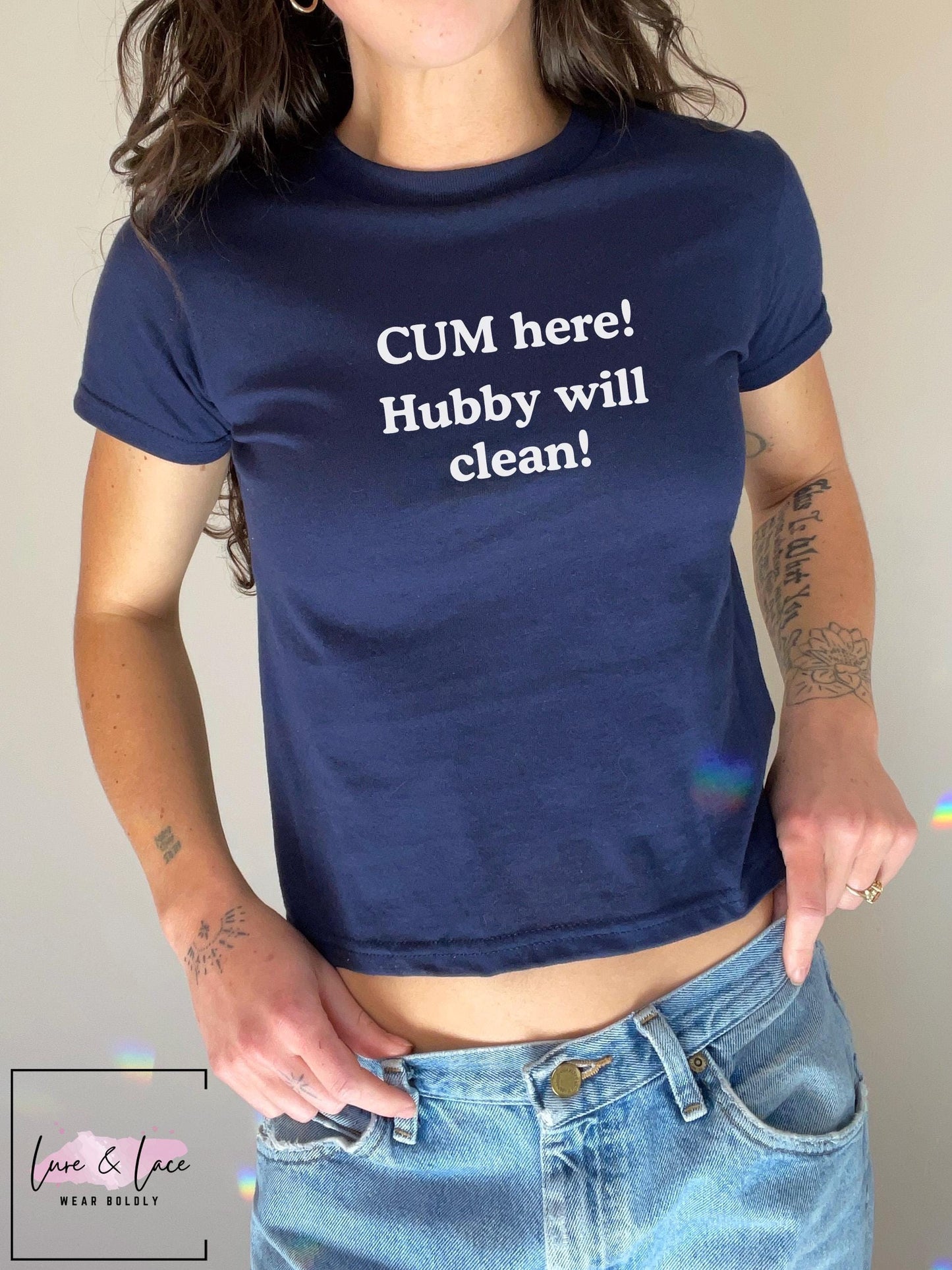 Cum here Hubby will clean Y2K Sexy Cute Baby Tee Crop Top, Naughty Apparel Queen of Spades Swinger