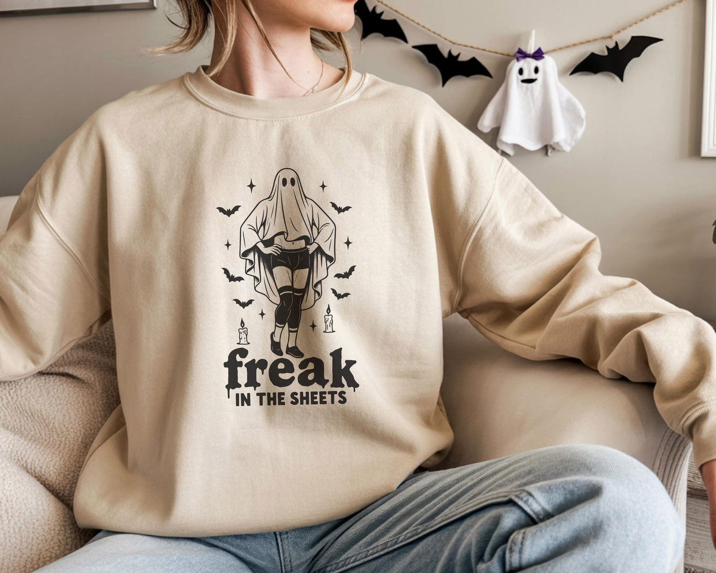 Freak In the Sheets Halloween Sweatshirt, Sexy Sweater Funny Spooky Ghosts