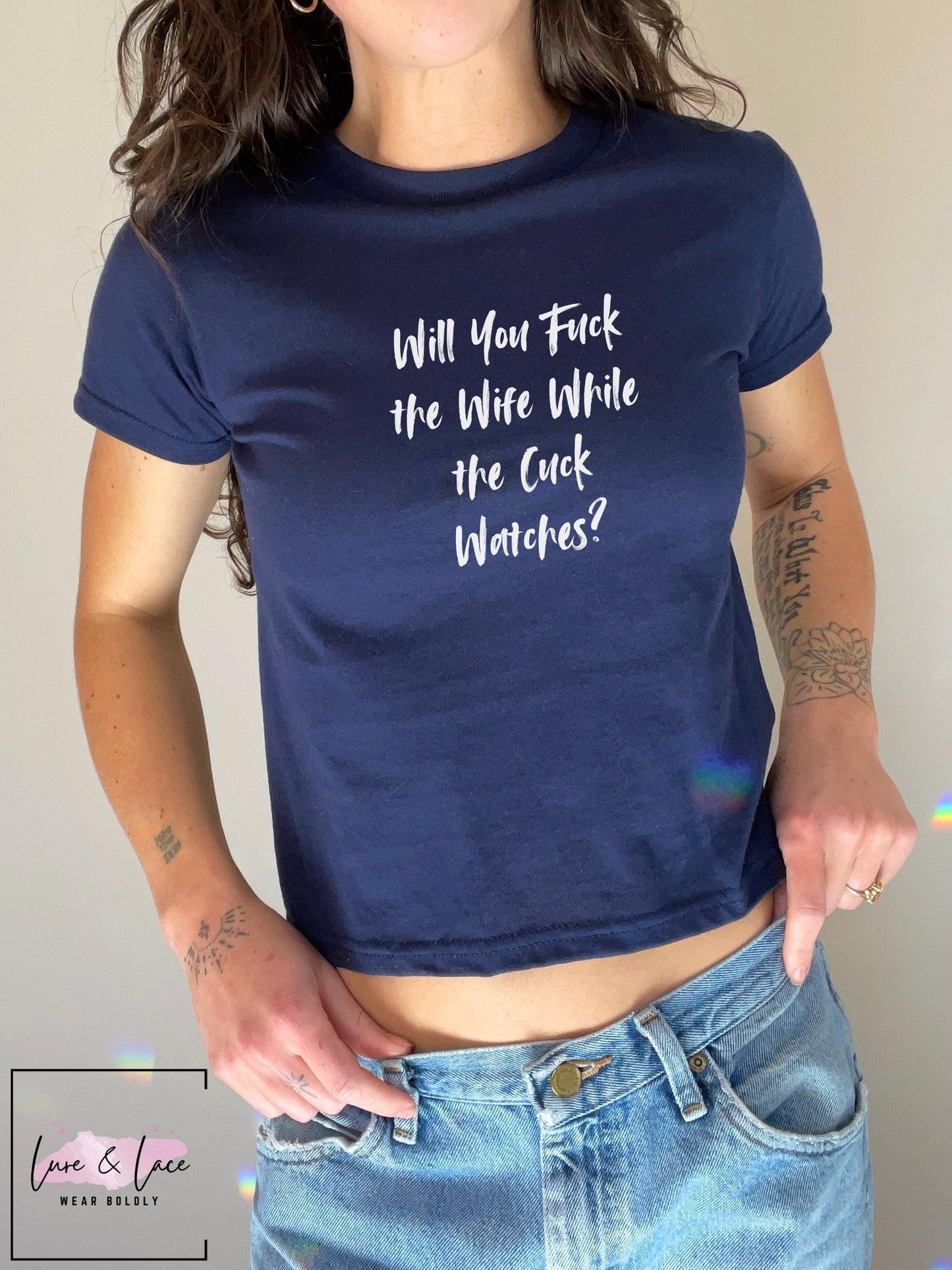 Will You Fuck the Wife While the Cuck Watches Y2K Sexy Cute Baby Tee Crop Top, Naughty Apparel Queen of Spades Swinger