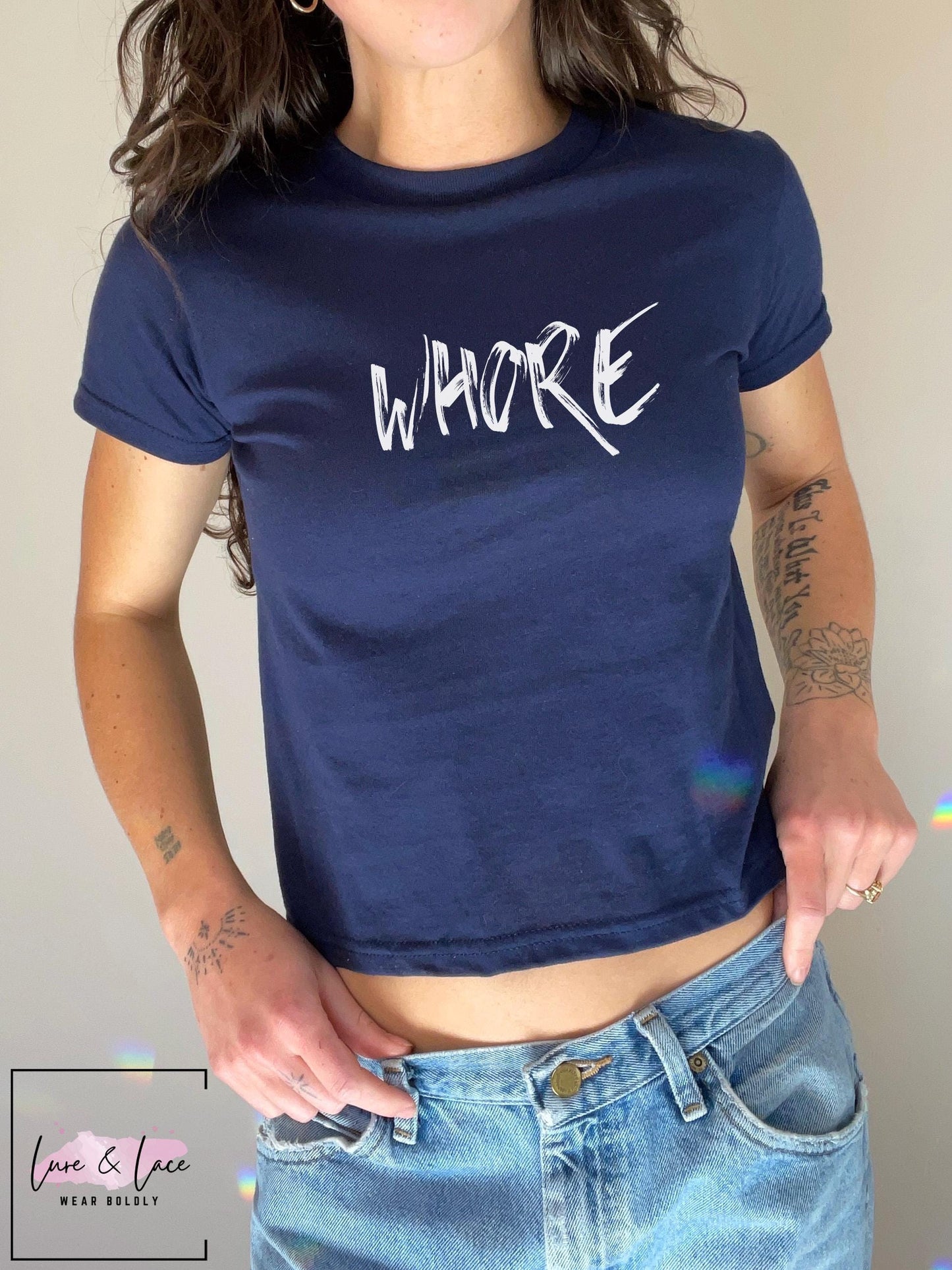 WHORE Funny Y2K Sexy Cute Baby Tee Crop Top, Date Night Naughty Apparel