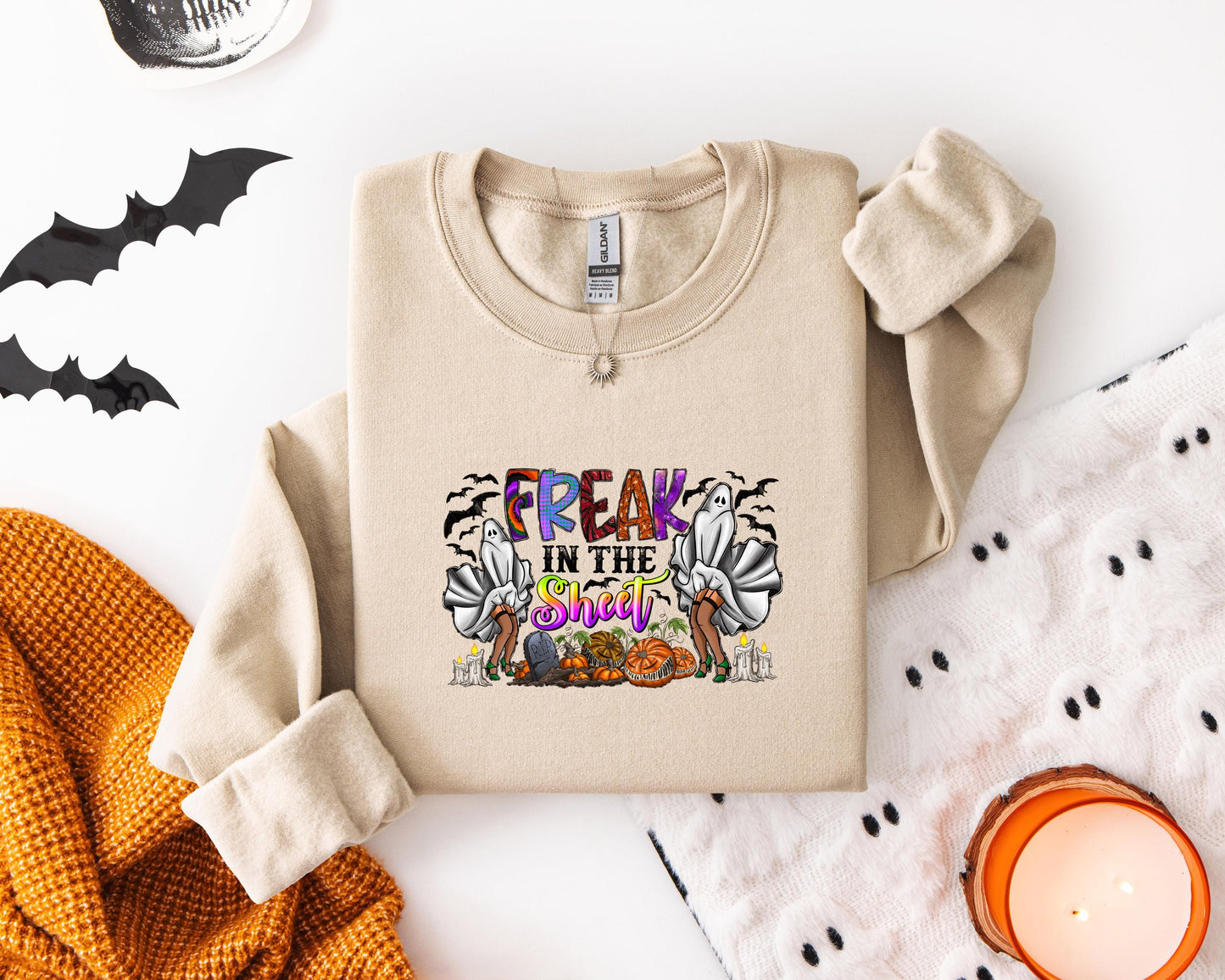 Retro Freak in the sheets Halloween Sweatshirt, Sexy Sweater Funny Spooky Ghosts