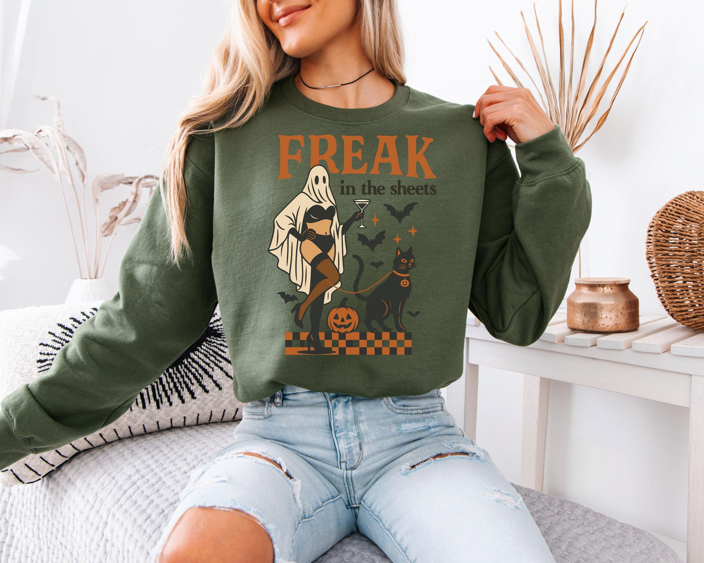 Freak in the sheets Halloween Retro Sweatshirt, Sexy Sweater Funny Spooky Ghosts