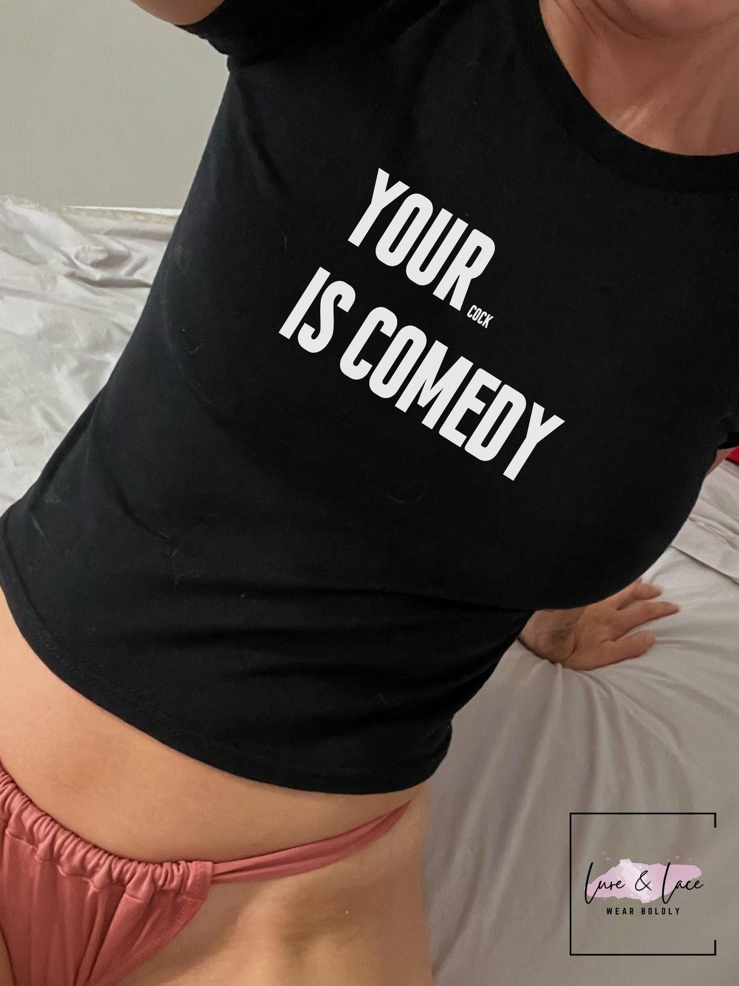 Your Cock is comedy Y2K Sexy Cute Baby Tee Crop Top, Queen of Spades, QOS Hotwife Lifestyle