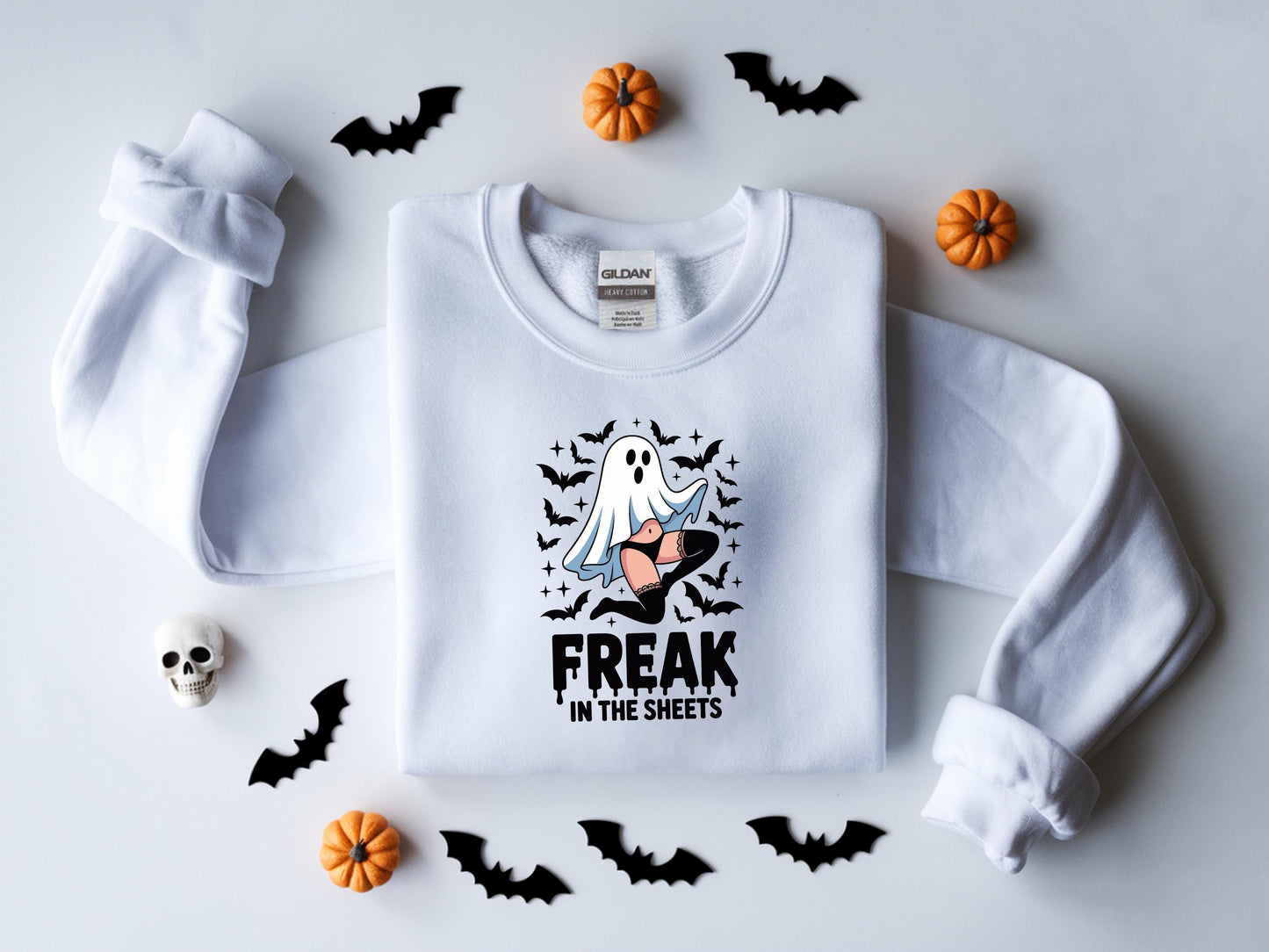 Freak In The Sheets Halloween Sweatshirt Cute Girl Ghost, Sexy Sweater Funny Spooky Ghosts