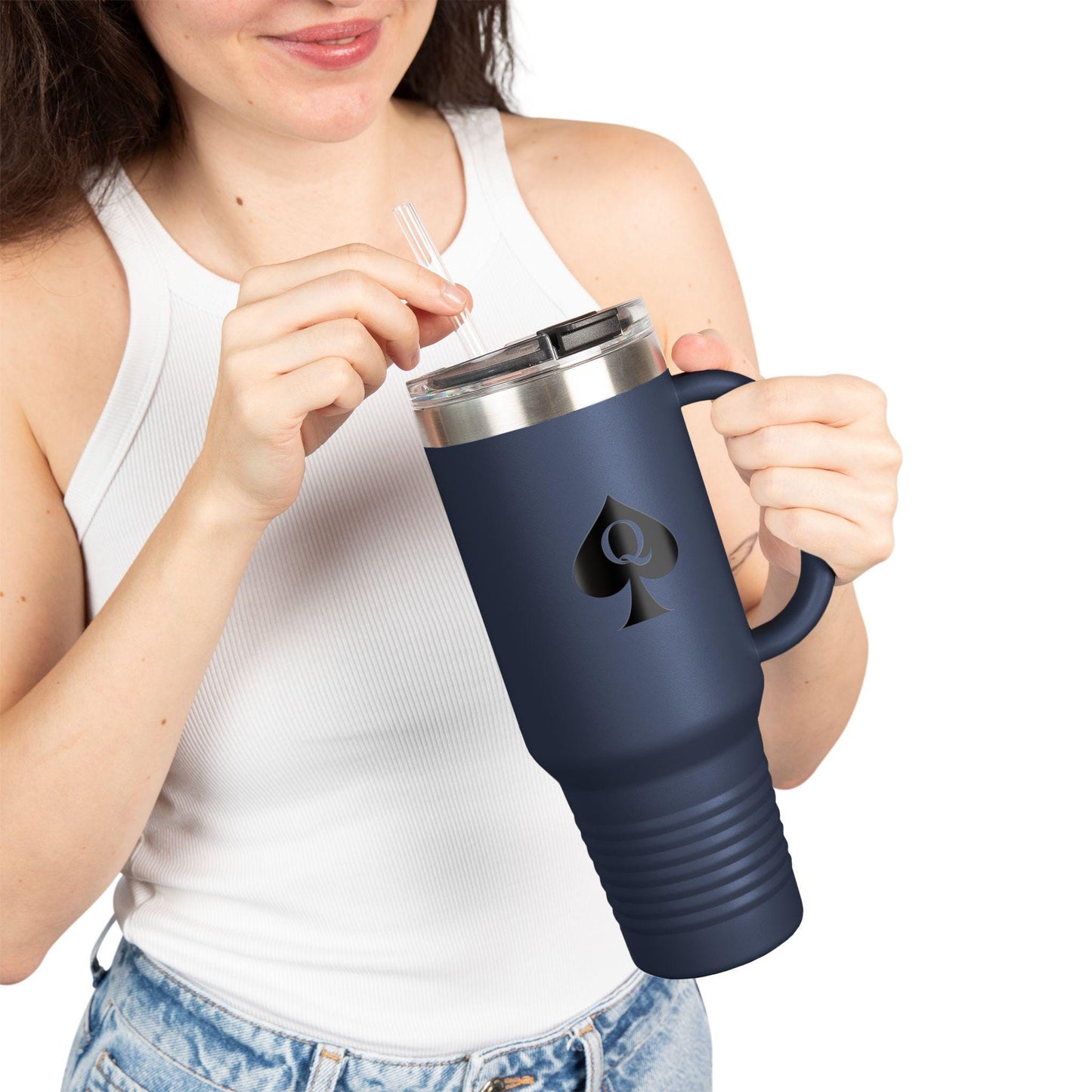 Queen of Spades Insulated Travel Mug 40oz QOS Hotwife Lifestyle Tumbler Cuck Bull Symbol Stainless Steel Straw Lid BPA Free Swinger Gift