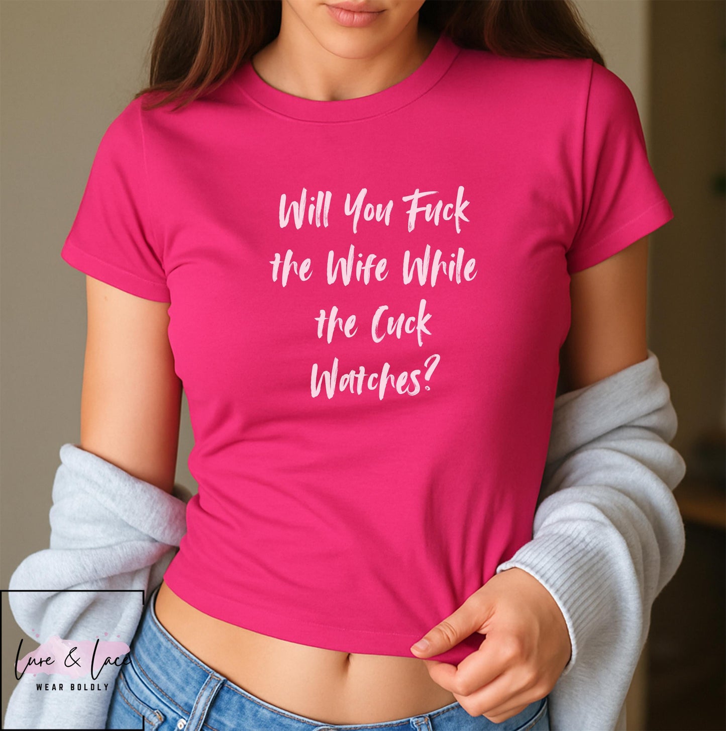Will You Fuck the Wife While the Cuck Watches Y2K Sexy Cute Baby Tee Crop Top, Naughty Apparel Queen of Spades Swinger
