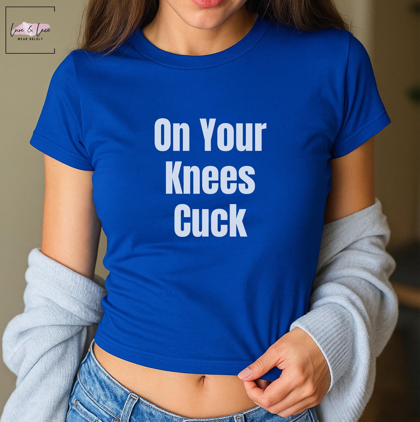 On Your Knees Cuck Y2K Sexy Cute Baby Tee Crop Top, QOS Naughty Apparel, Queen of Spades