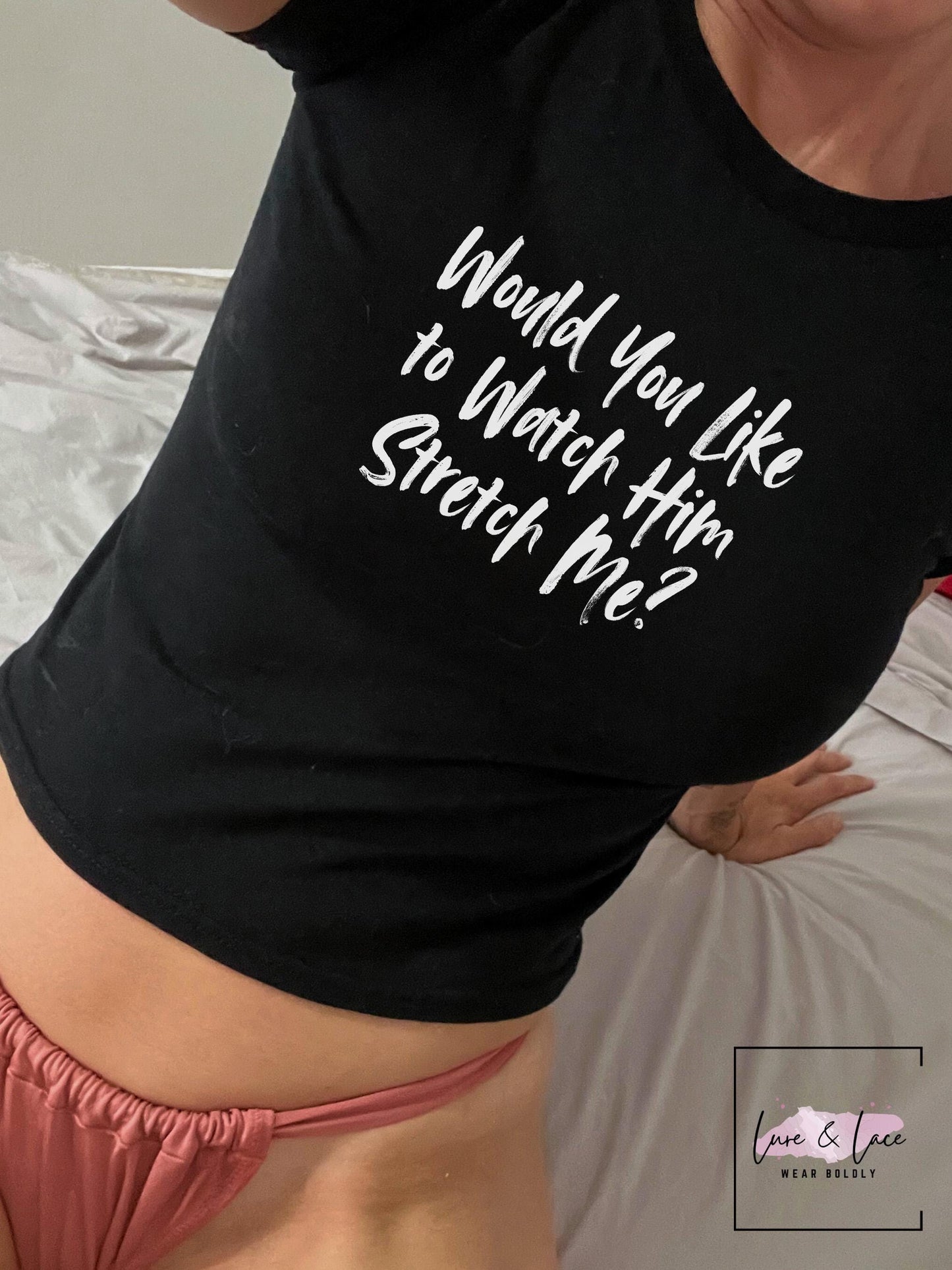 Would You Like to Watch Him Stretch Me Y2K Sexy Cute Baby Tee Crop Top, Naughty Apparel Queen of Spades Swinger