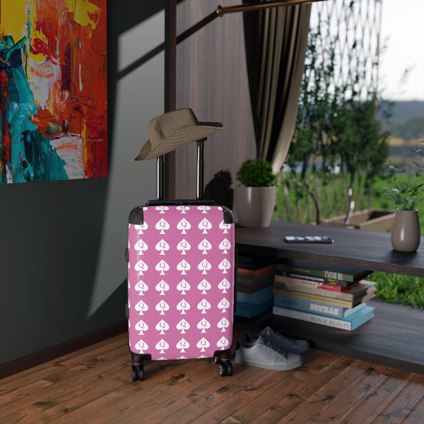 Queen of Spades pink Spinner Suitcase | QOS Lifestyle Luggage, Hotwife Travel, Kinky Swinger cruise Luggage, BBC Pineapple Vacation Bag BDSM