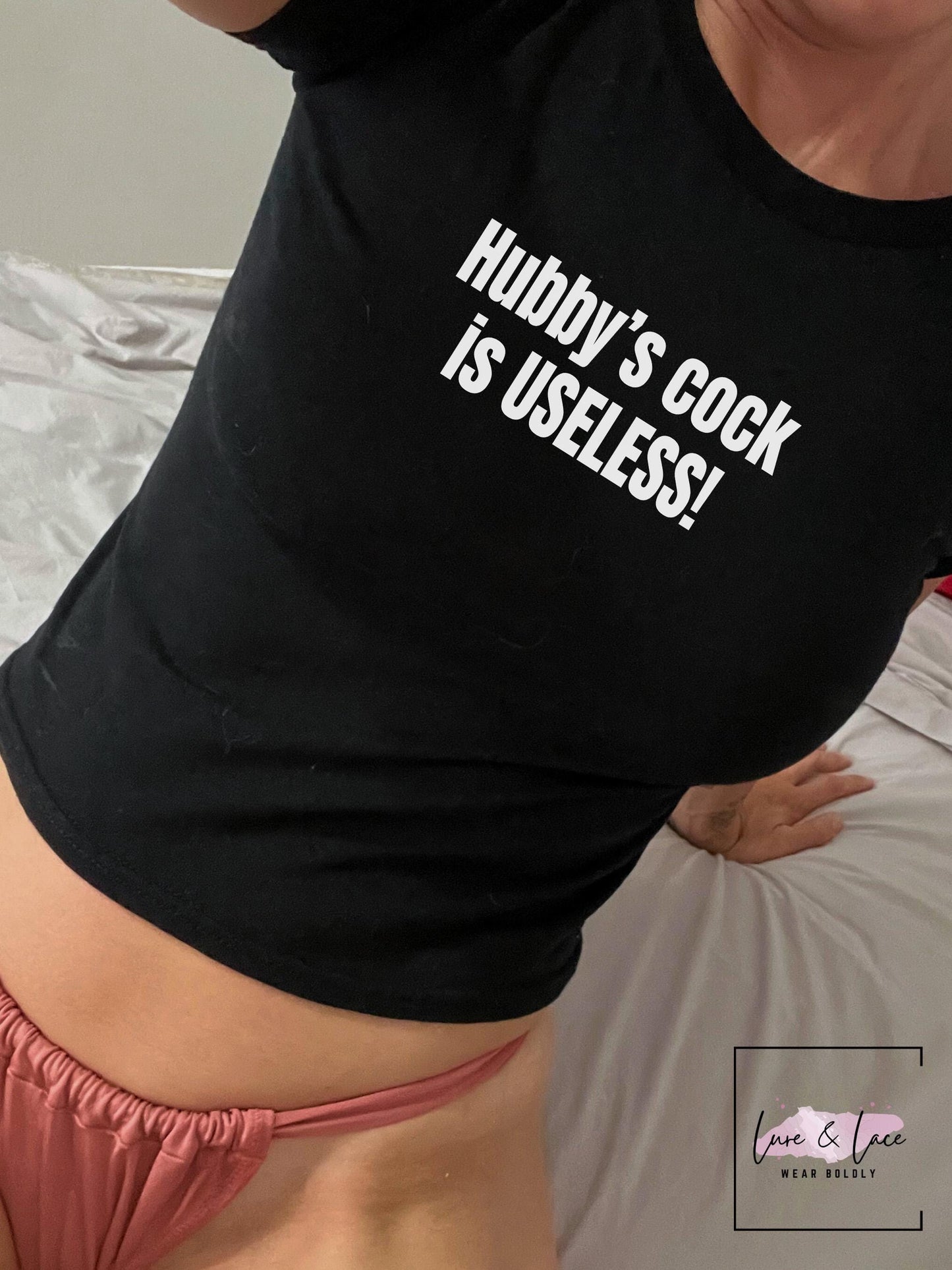 Hubby's cock is USELESS! Y2K Sexy Cute Baby Tee Crop Top, Naughty Apparel Queen of Spades Swinger