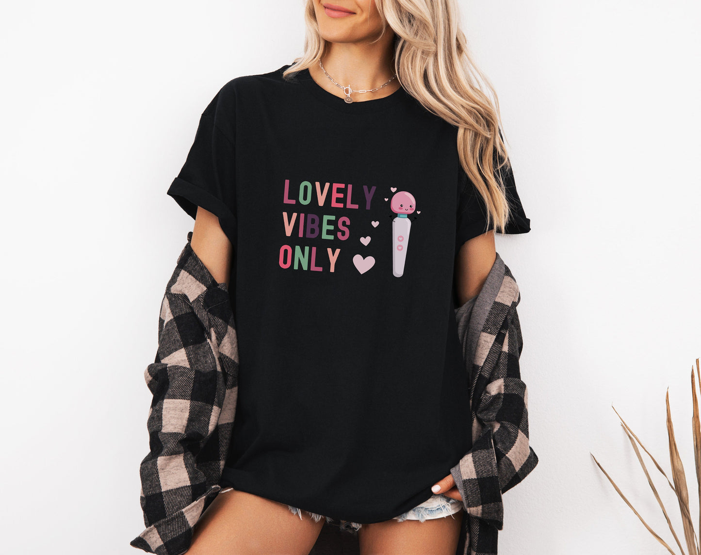 Funny Vibrator T-shirt Lovely Vibes Only, Naughty Adult Humor Tee, Dildo Shirt for Sexy Bachelorette Gag Gift & Vibrator Lovers