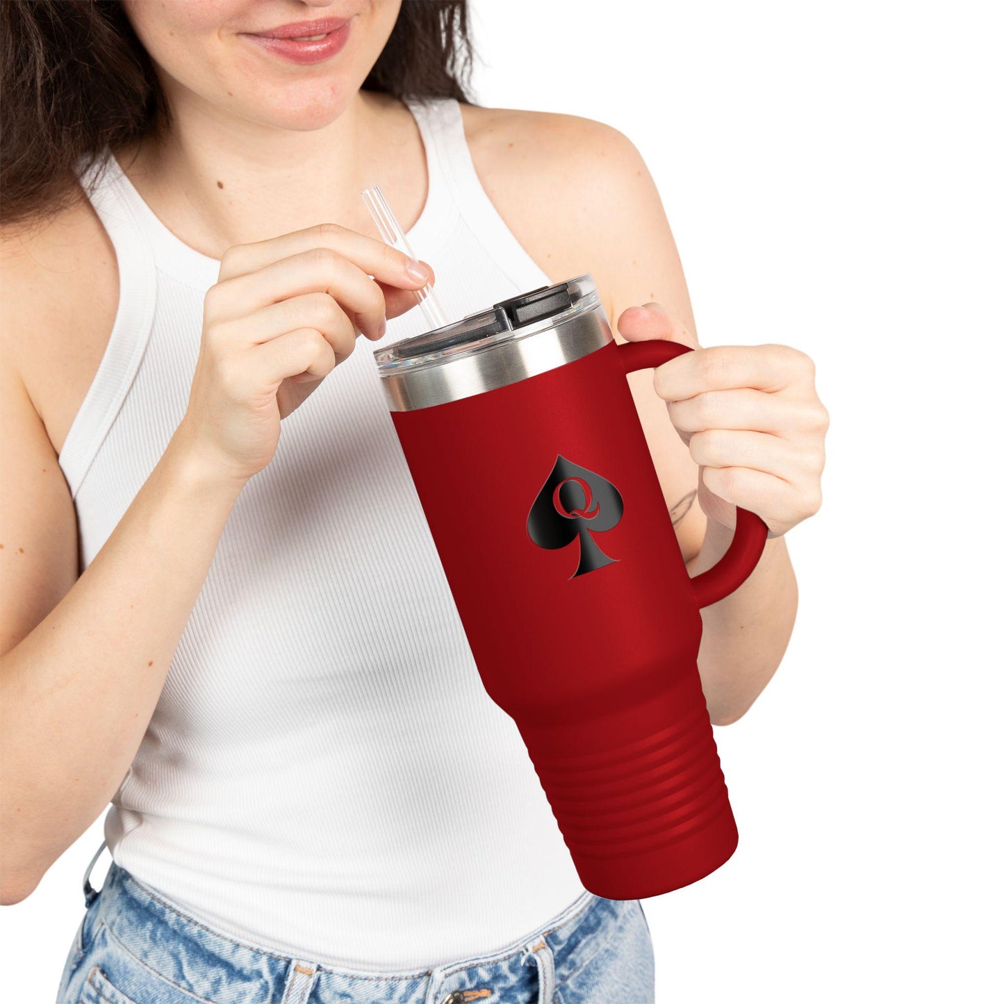 Queen of Spades Insulated Travel Mug 40oz QOS Hotwife Lifestyle Tumbler Cuck Bull Symbol Stainless Steel Straw Lid BPA Free Swinger Gift