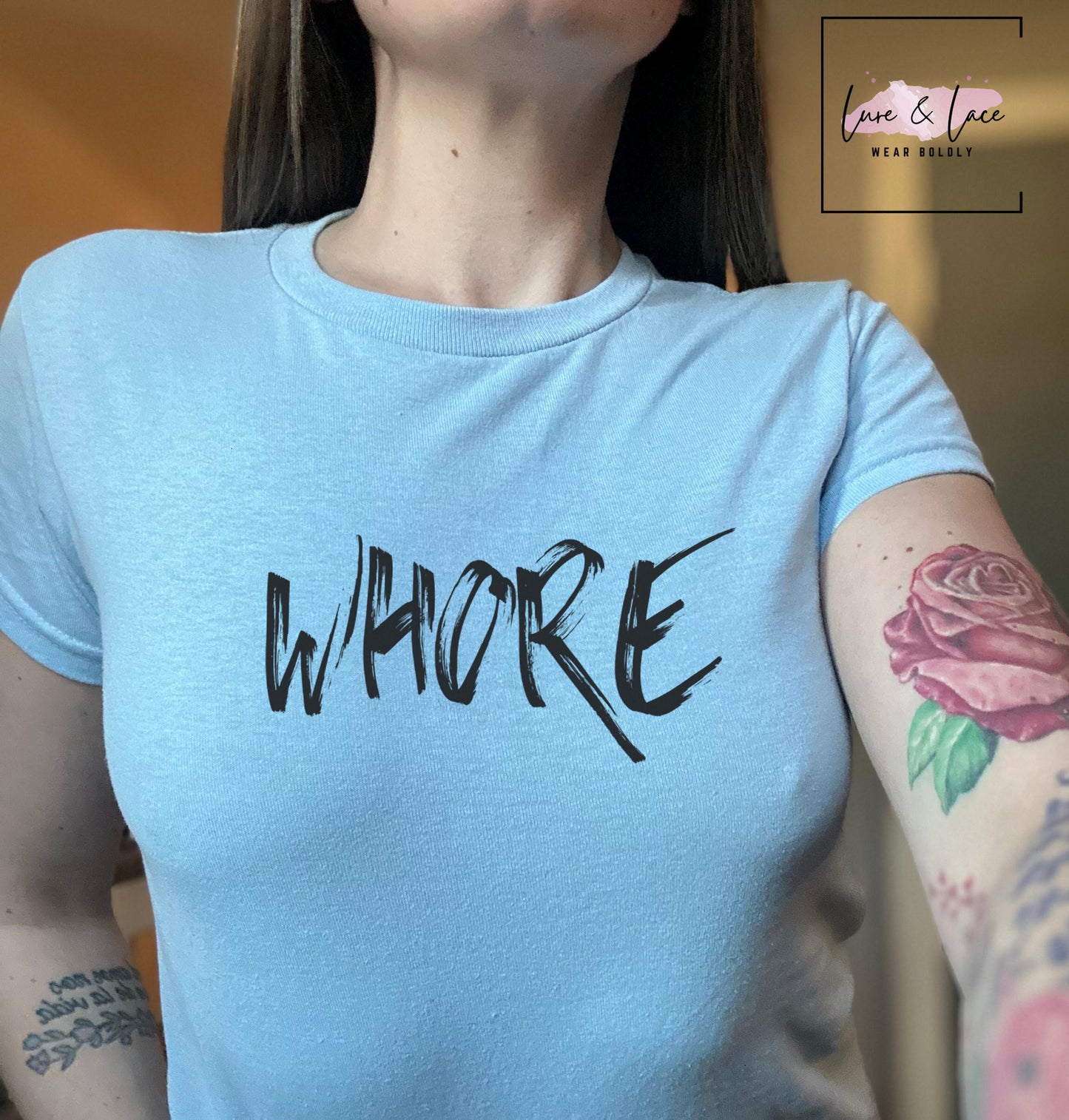 WHORE Funny Y2K Sexy Cute Baby Tee Crop Top, Date Night Naughty Apparel