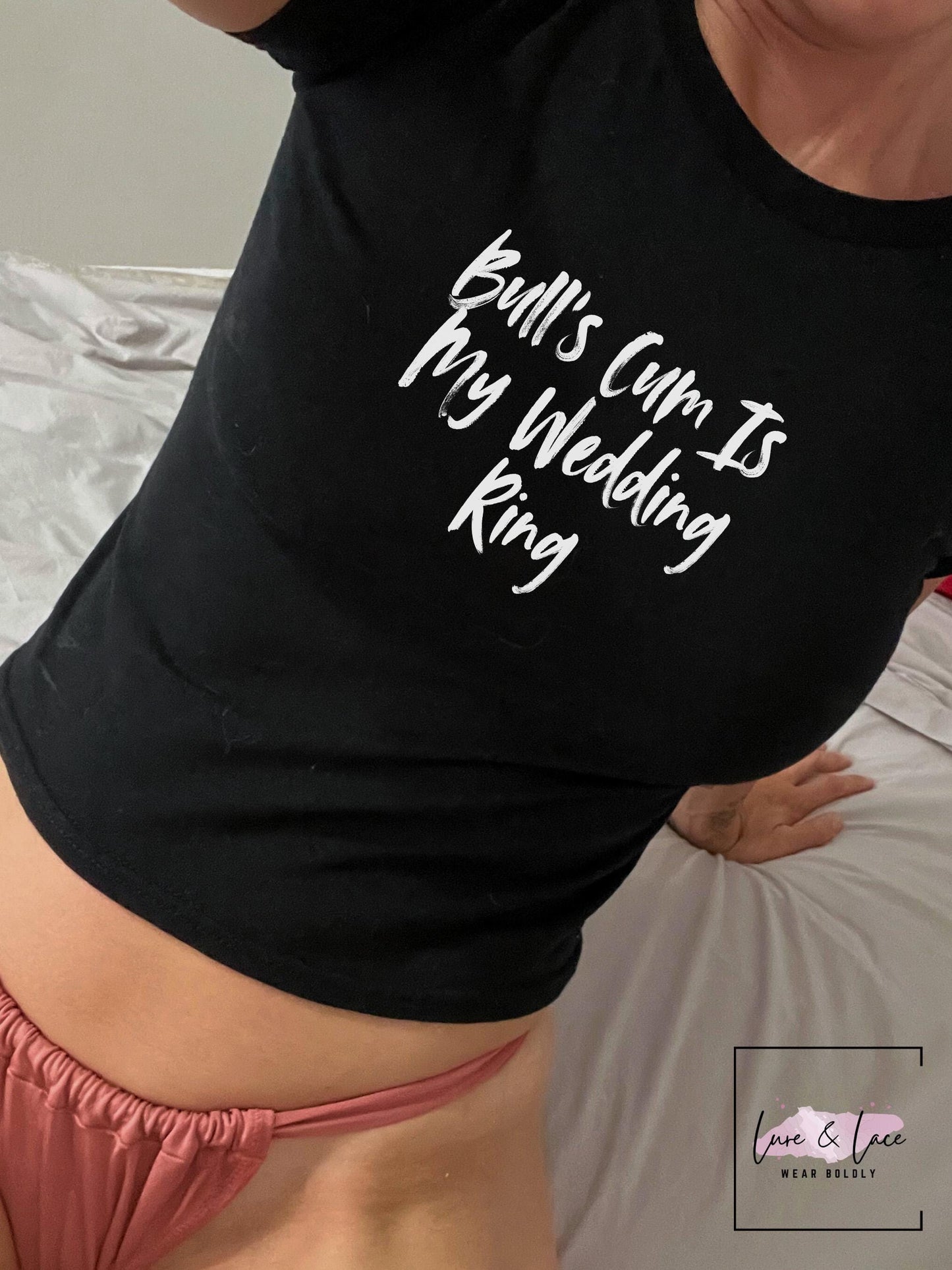 Bull’s Cum Is My Wedding Ring Y2K Sexy Cute Baby Tee Crop Top, Queen of Spades Swinger