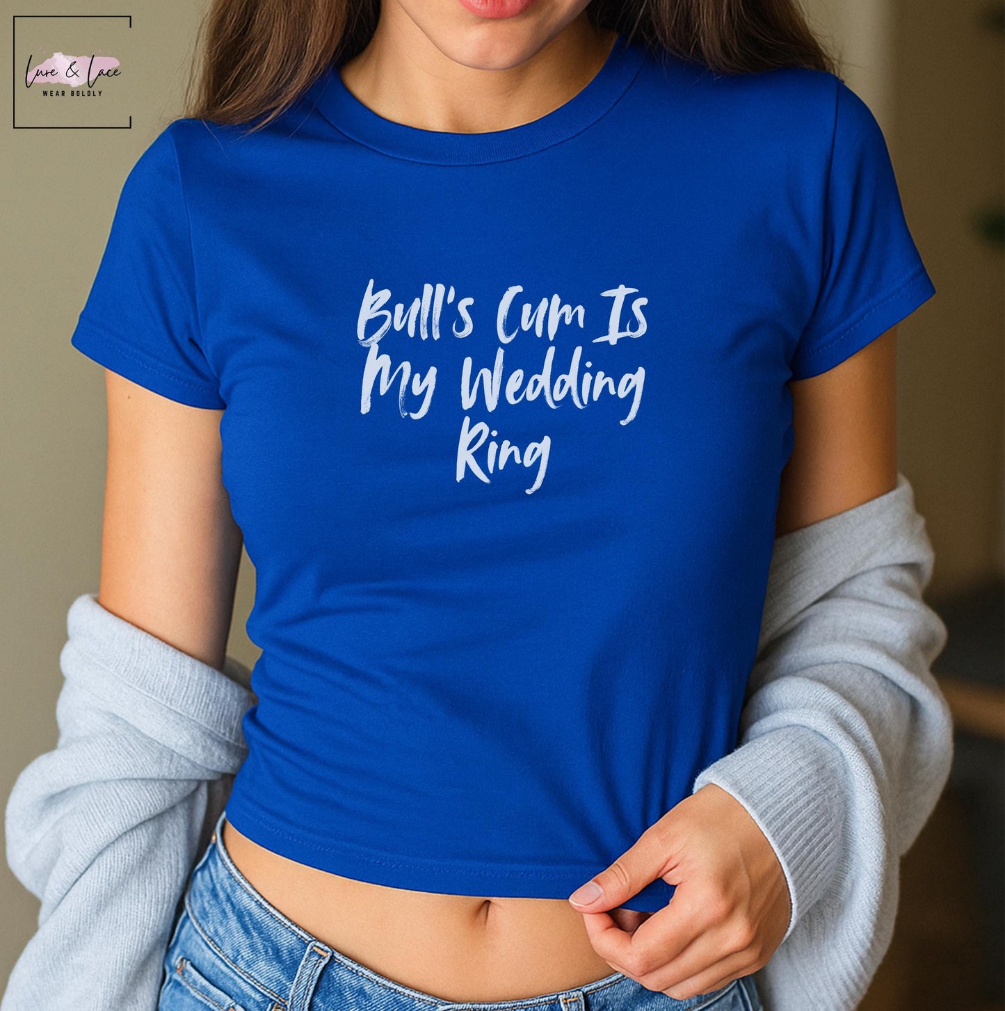 Bull’s Cum Is My Wedding Ring Y2K Sexy Cute Baby Tee Crop Top, Queen of Spades Swinger