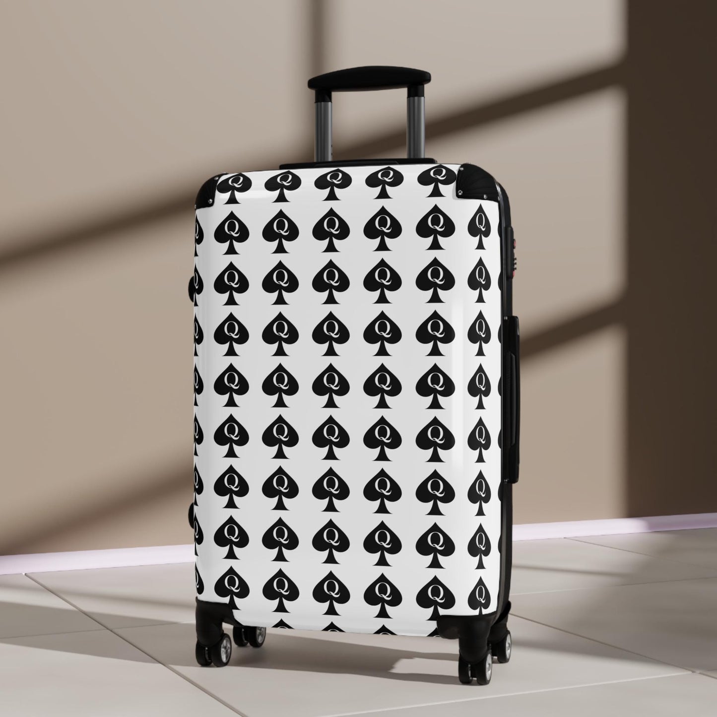Queen of Spades Spinner white Suitcase |QOS Lifestyle Luggage Hotwife Travel, Kinky Swinger cruise Luggage, BBC Pineapple Vacation BDSM Gift