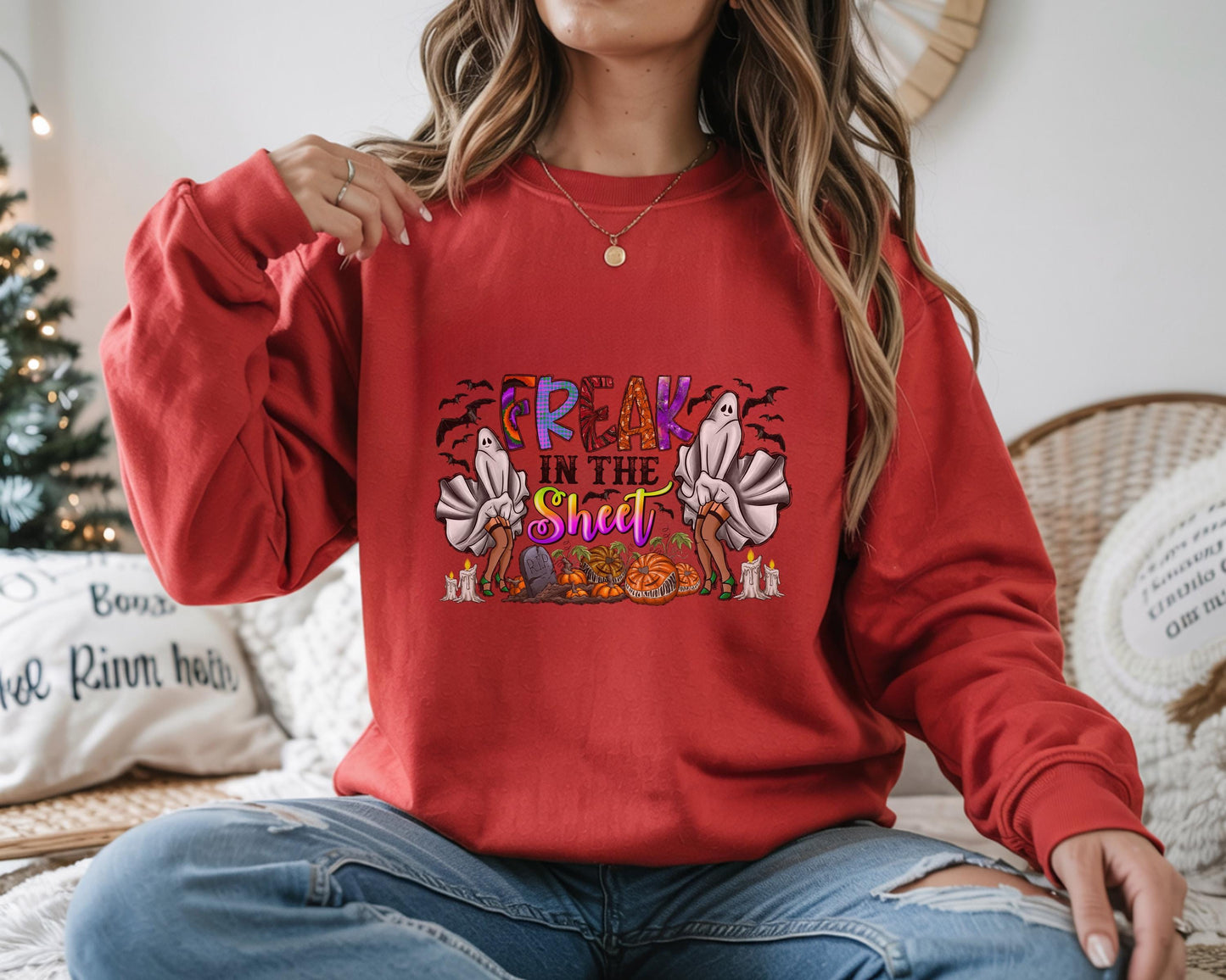 Retro Freak in the sheets Halloween Sweatshirt, Sexy Sweater Funny Spooky Ghosts
