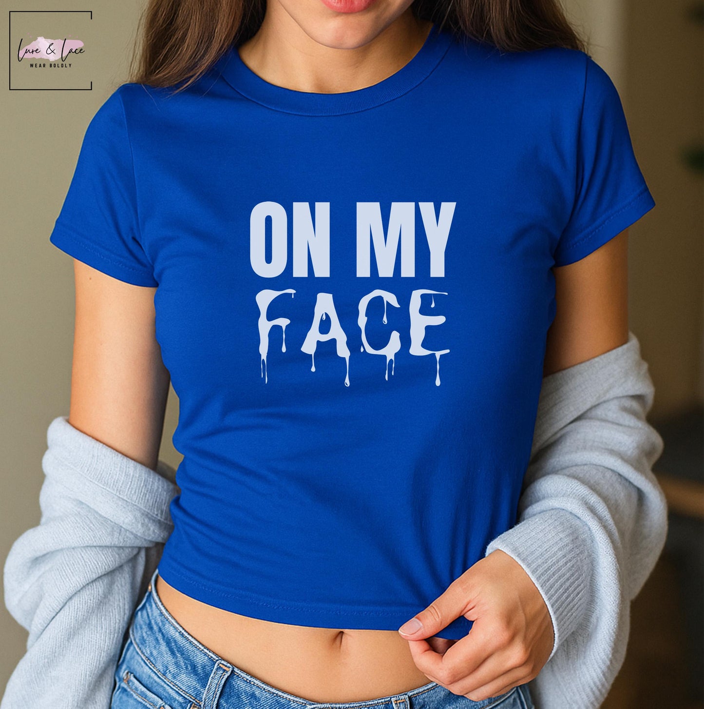 On my face Y2K Sexy Cute Baby Tee Crop Top, Cum lovers Date Night Naughty Apparel