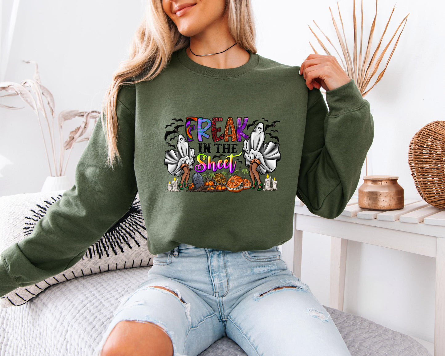 Retro Freak in the sheets Halloween Sweatshirt, Sexy Sweater Funny Spooky Ghosts