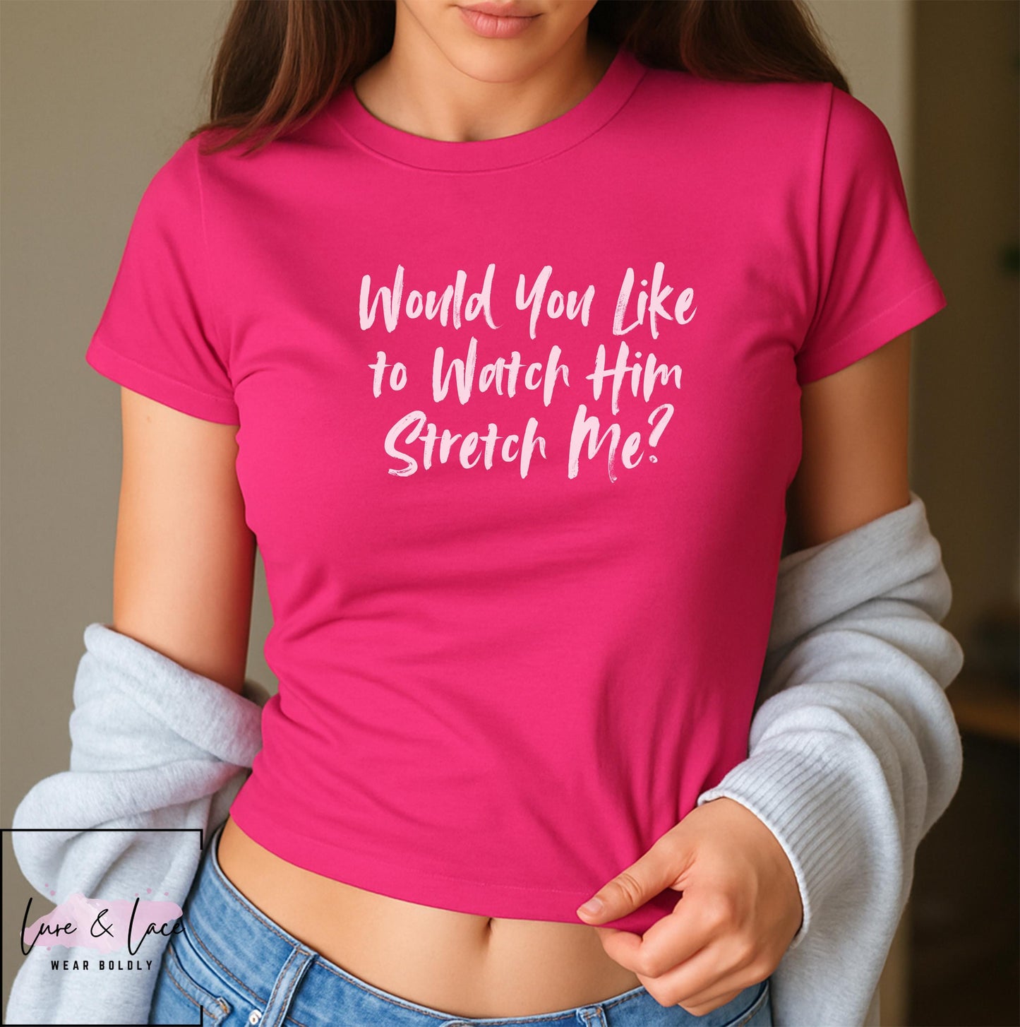Would You Like to Watch Him Stretch Me Y2K Sexy Cute Baby Tee Crop Top, Naughty Apparel Queen of Spades Swinger