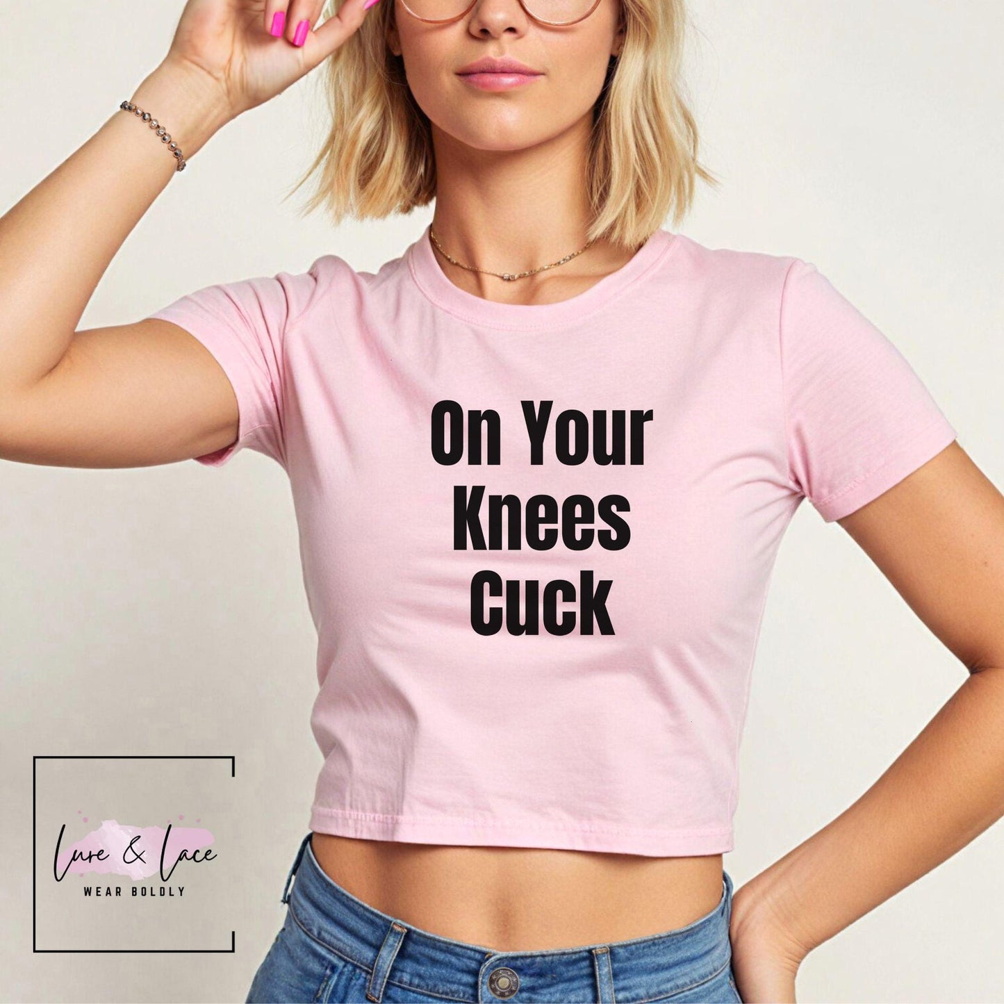 On Your Knees Cuck Y2K Sexy Cute Baby Tee Crop Top, QOS Naughty Apparel, Queen of Spades