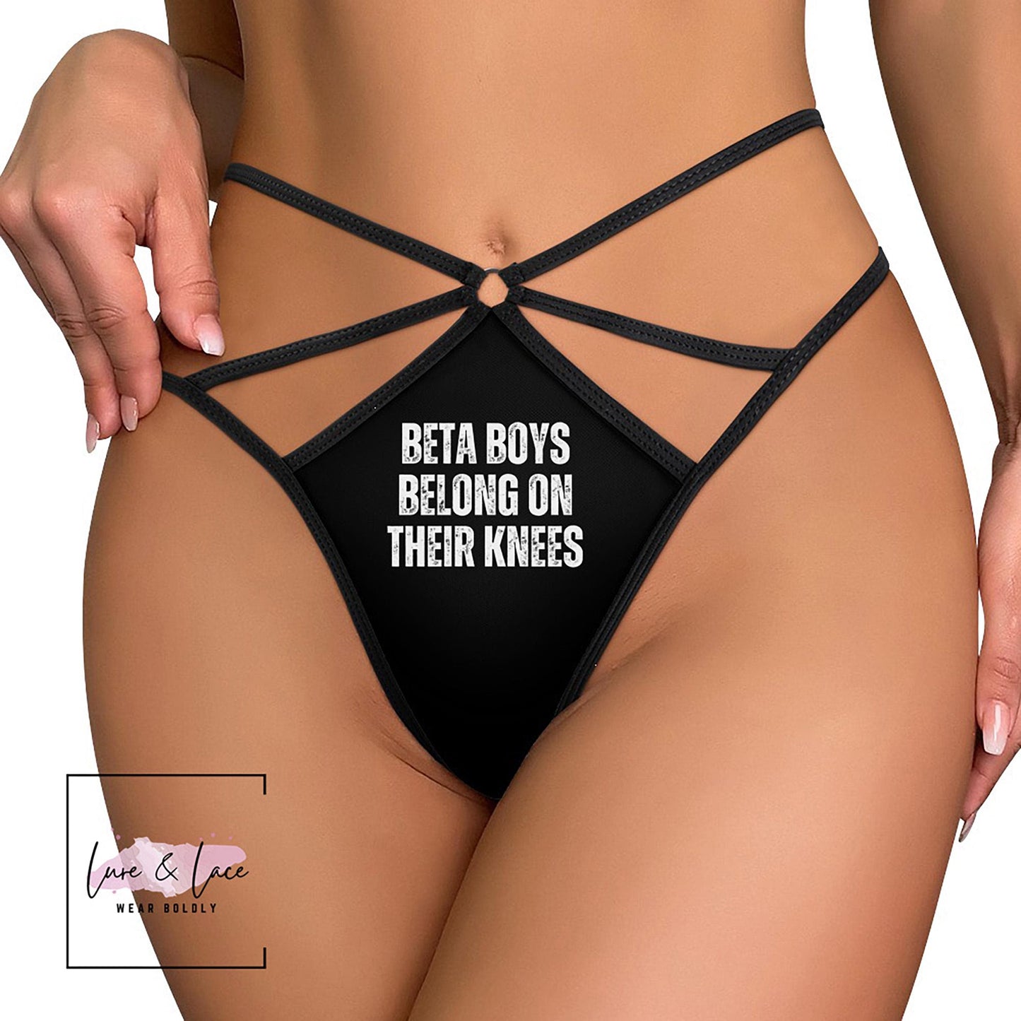 BETA Boys Belong ON THEIR Knees Sexy Strappy Thong, Domme G-String, Naughty Lingerie Panties, Hotwife Lifestyle, Queen of Spades