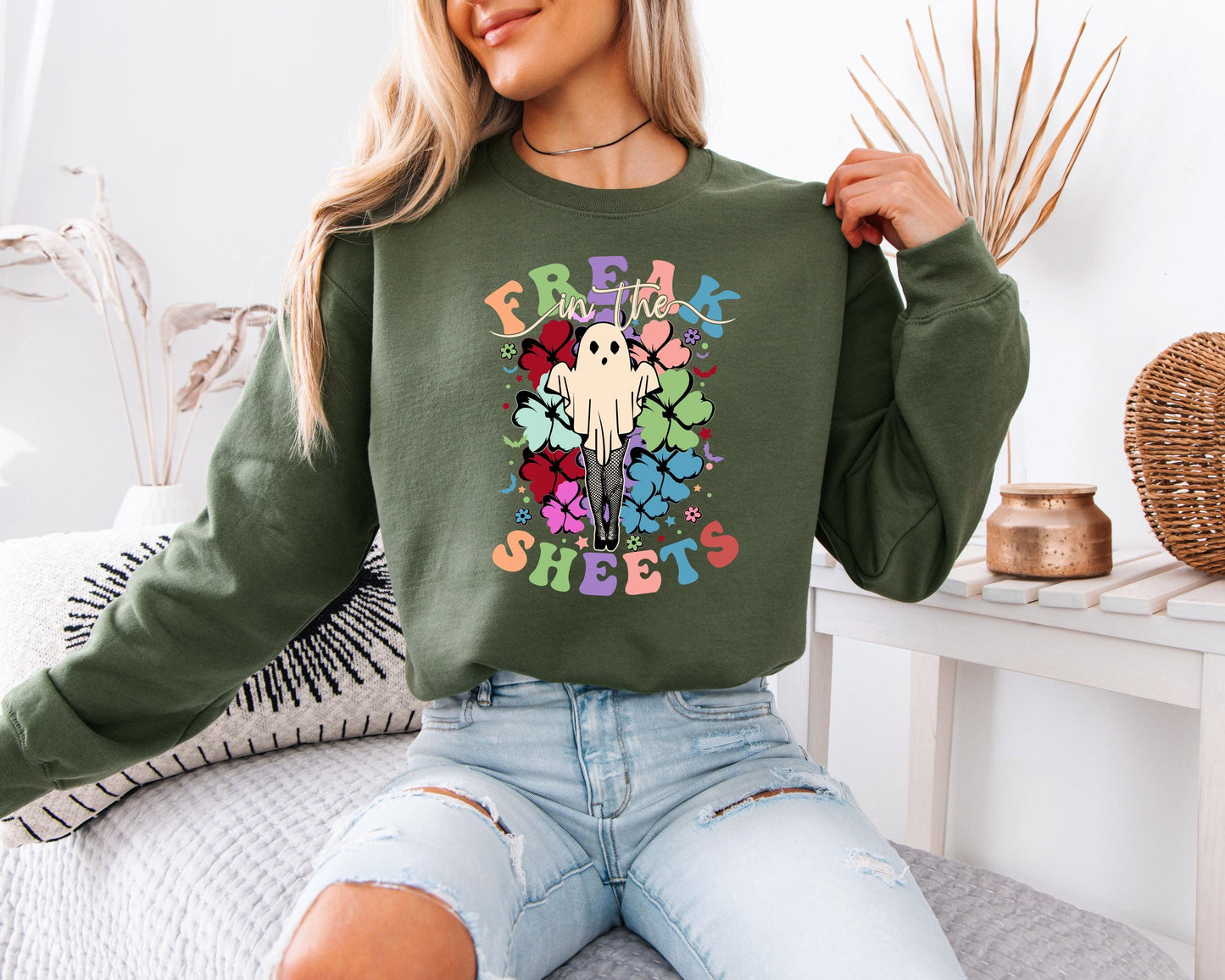 Freak In The Sheets Halloween Sweatshirt Cute Girl Ghost, Sexy Sweater Funny Spooky Ghosts