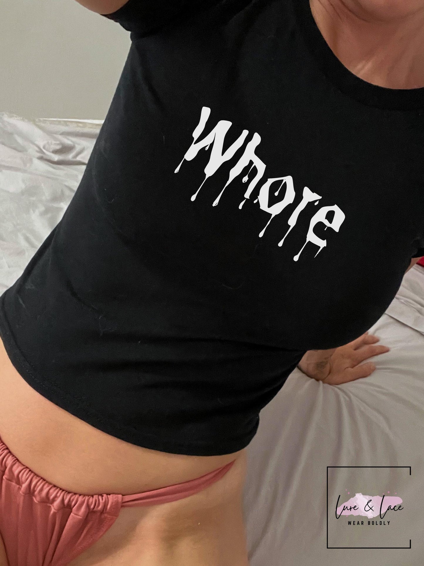 Whore Y2K Sexy Cute Baby Tee Crop Top, Slut Date Night Naughty Apparel