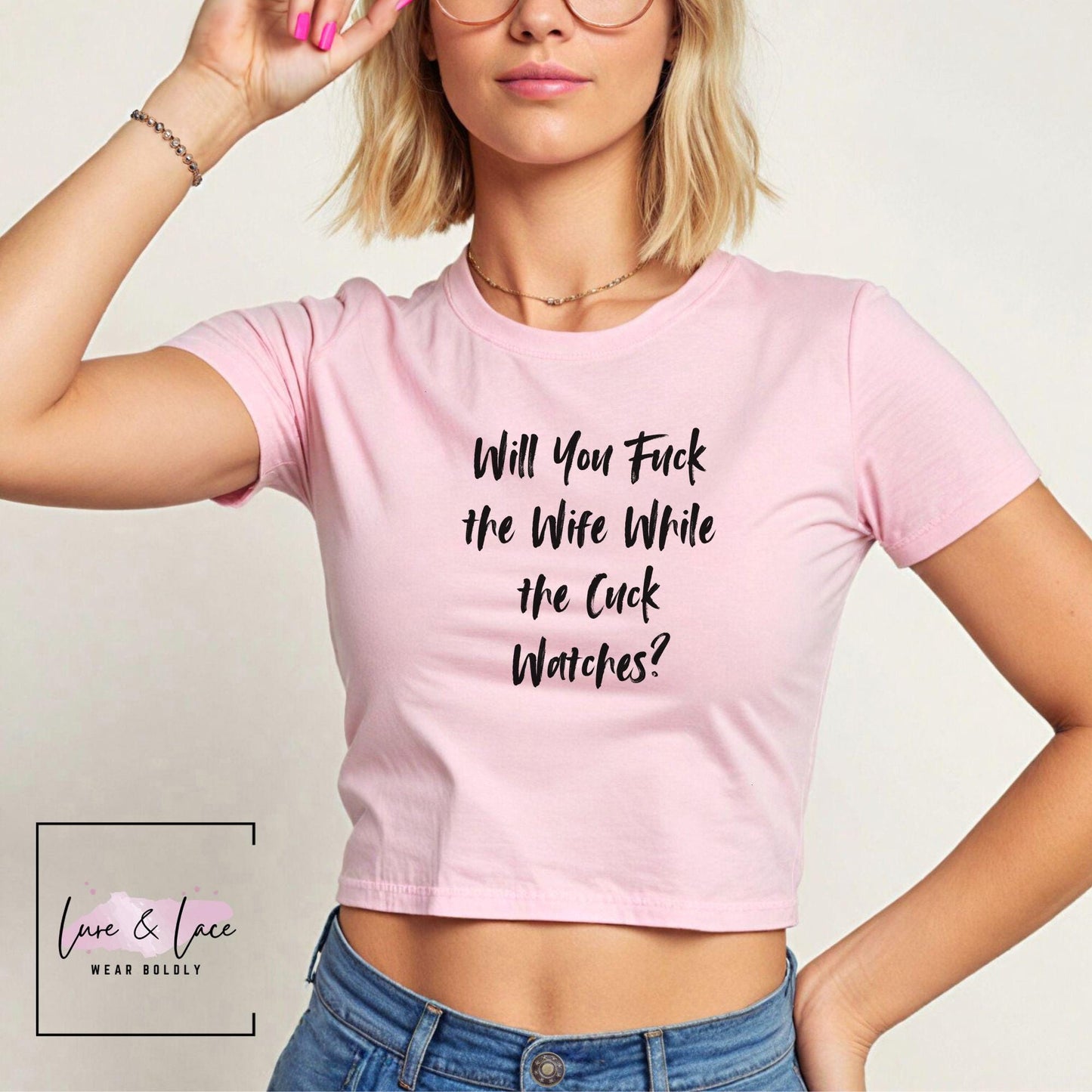 Will You Fuck the Wife While the Cuck Watches Y2K Sexy Cute Baby Tee Crop Top, Naughty Apparel Queen of Spades Swinger
