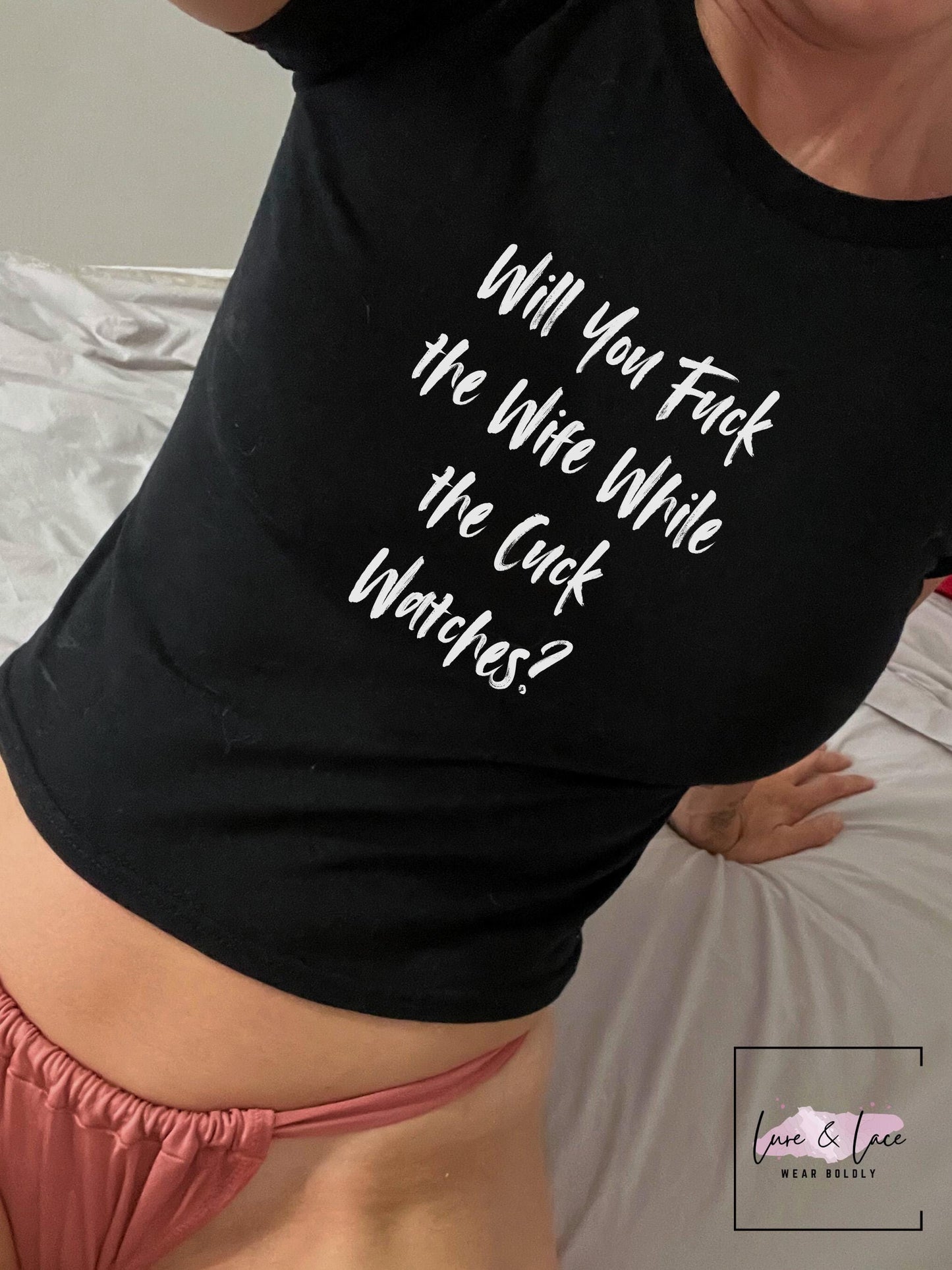 Will You Fuck the Wife While the Cuck Watches Y2K Sexy Cute Baby Tee Crop Top, Naughty Apparel Queen of Spades Swinger