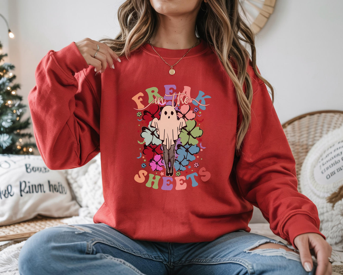 Freak In The Sheets Halloween Sweatshirt Cute Girl Ghost, Sexy Sweater Funny Spooky Ghosts