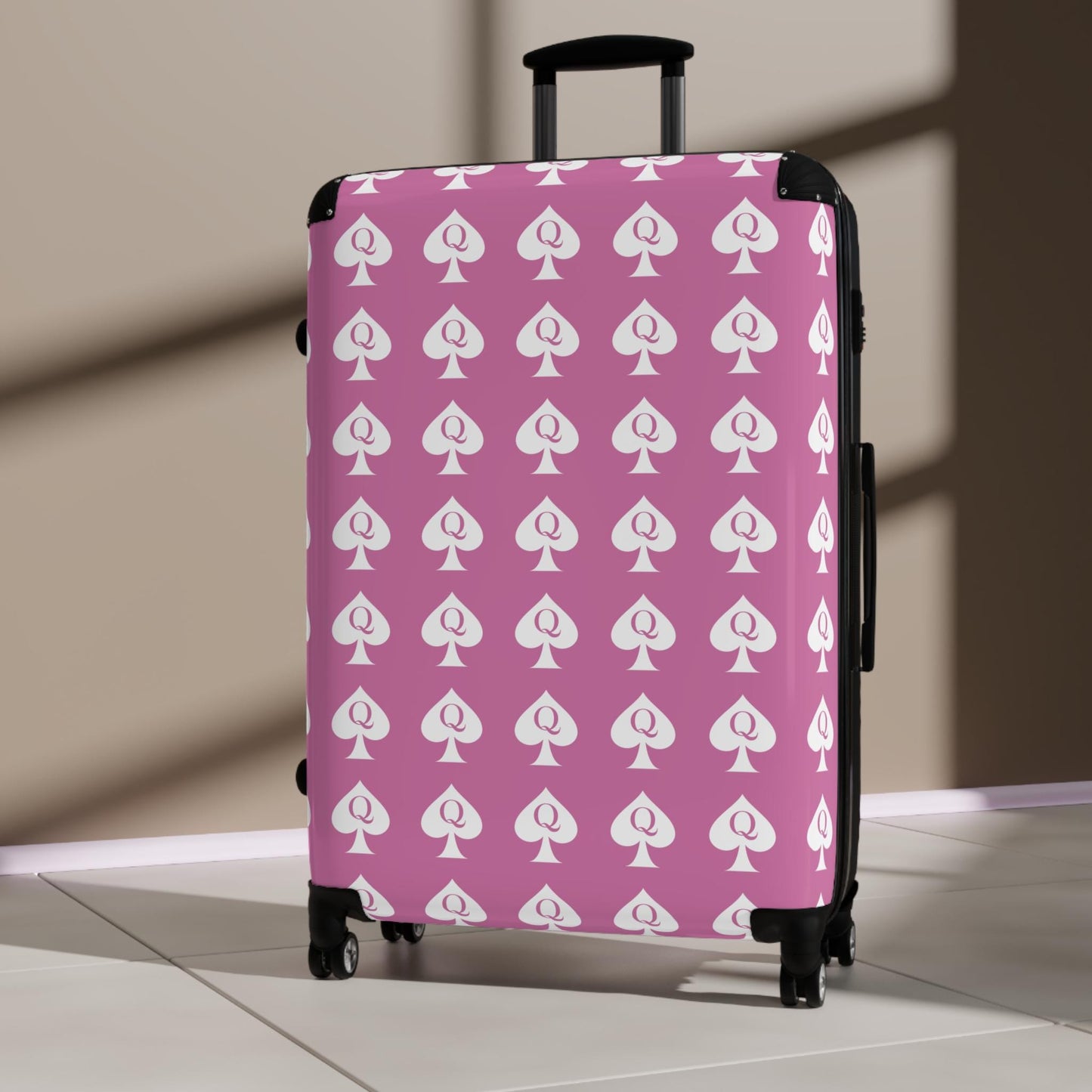 Queen of Spades pink Spinner Suitcase | QOS Lifestyle Luggage, Hotwife Travel, Kinky Swinger cruise Luggage, BBC Pineapple Vacation Bag BDSM