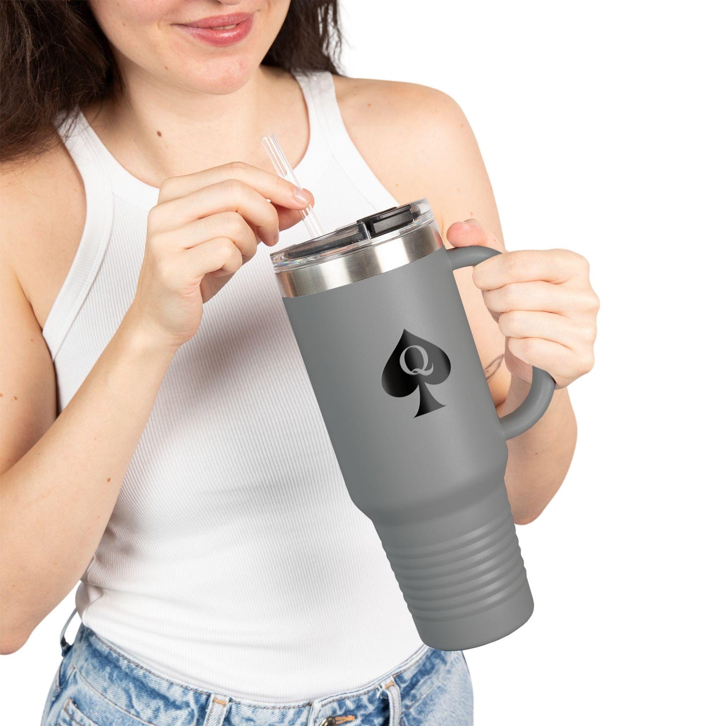 Queen of Spades Insulated Travel Mug 40oz QOS Hotwife Lifestyle Tumbler Cuck Bull Symbol Stainless Steel Straw Lid BPA Free Swinger Gift