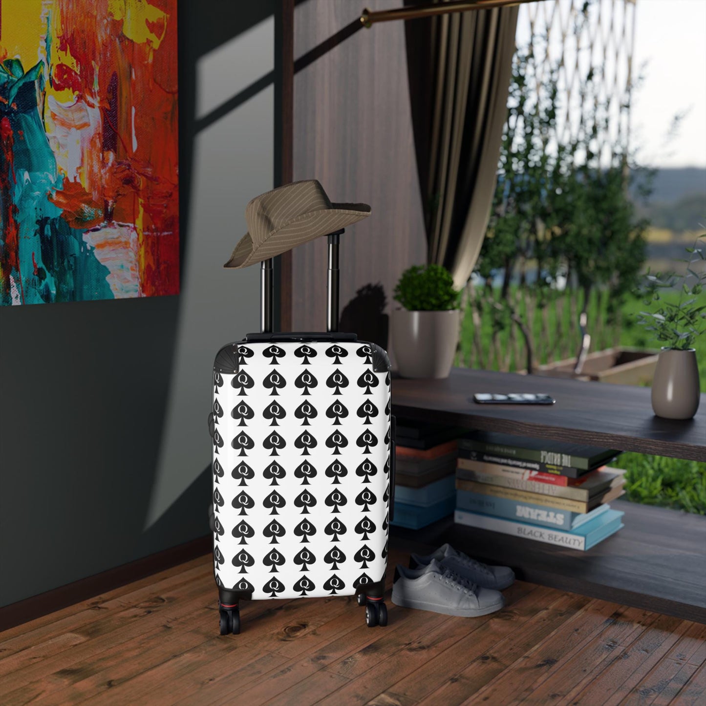 Queen of Spades Spinner white Suitcase |QOS Lifestyle Luggage Hotwife Travel, Kinky Swinger cruise Luggage, BBC Pineapple Vacation BDSM Gift