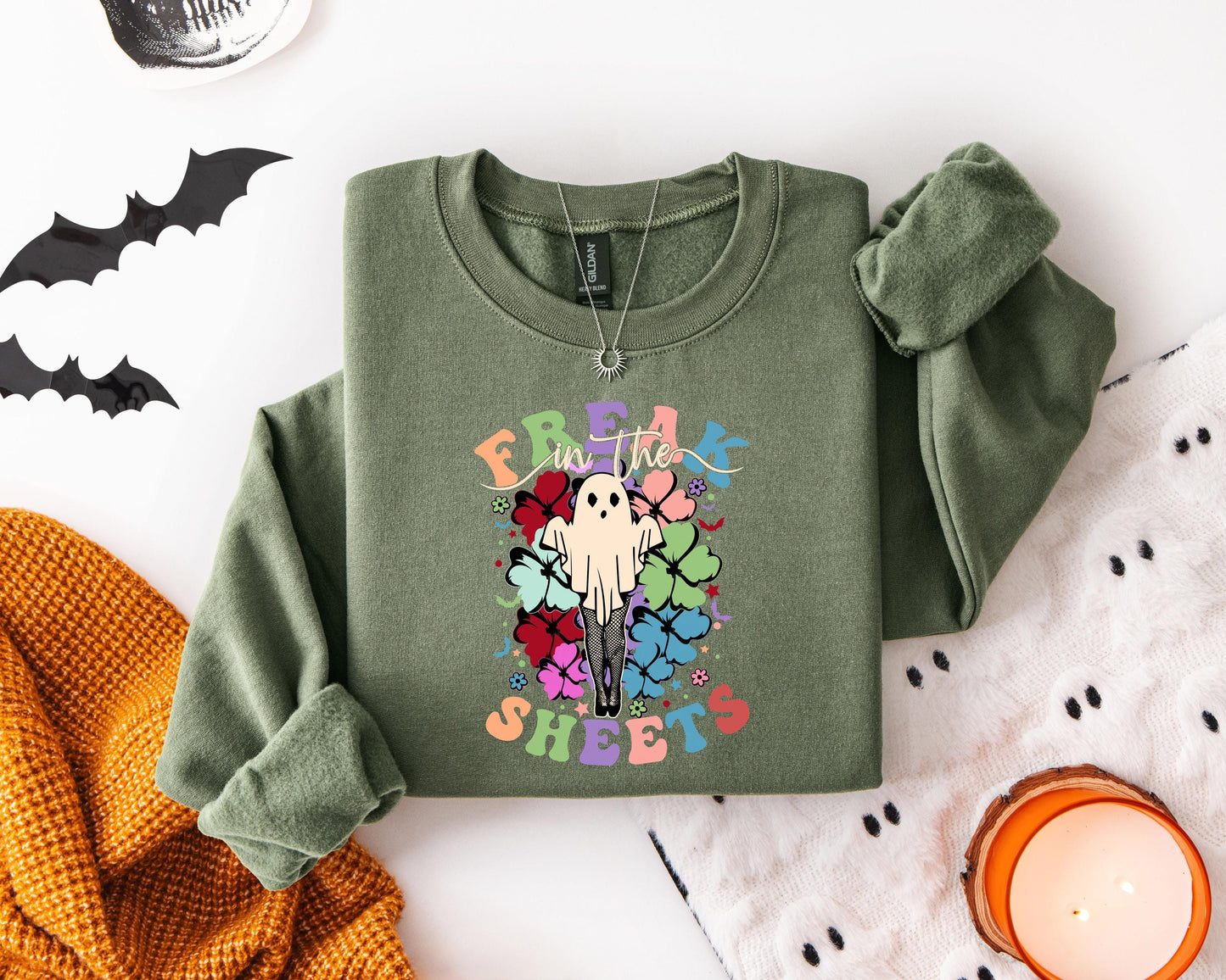 Freak In The Sheets Halloween Sweatshirt, Retro Sexy Sweater Funny Spooky Ghosts