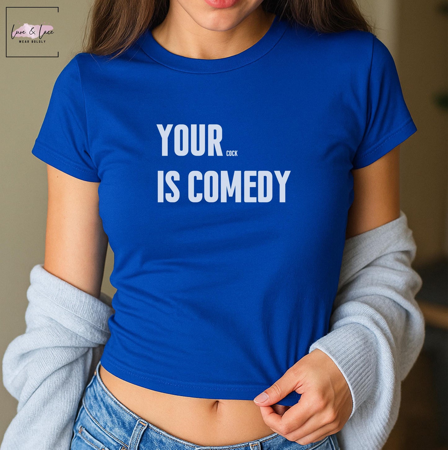 Your Cock is comedy Y2K Sexy Cute Baby Tee Crop Top, Queen of Spades, QOS Hotwife Lifestyle