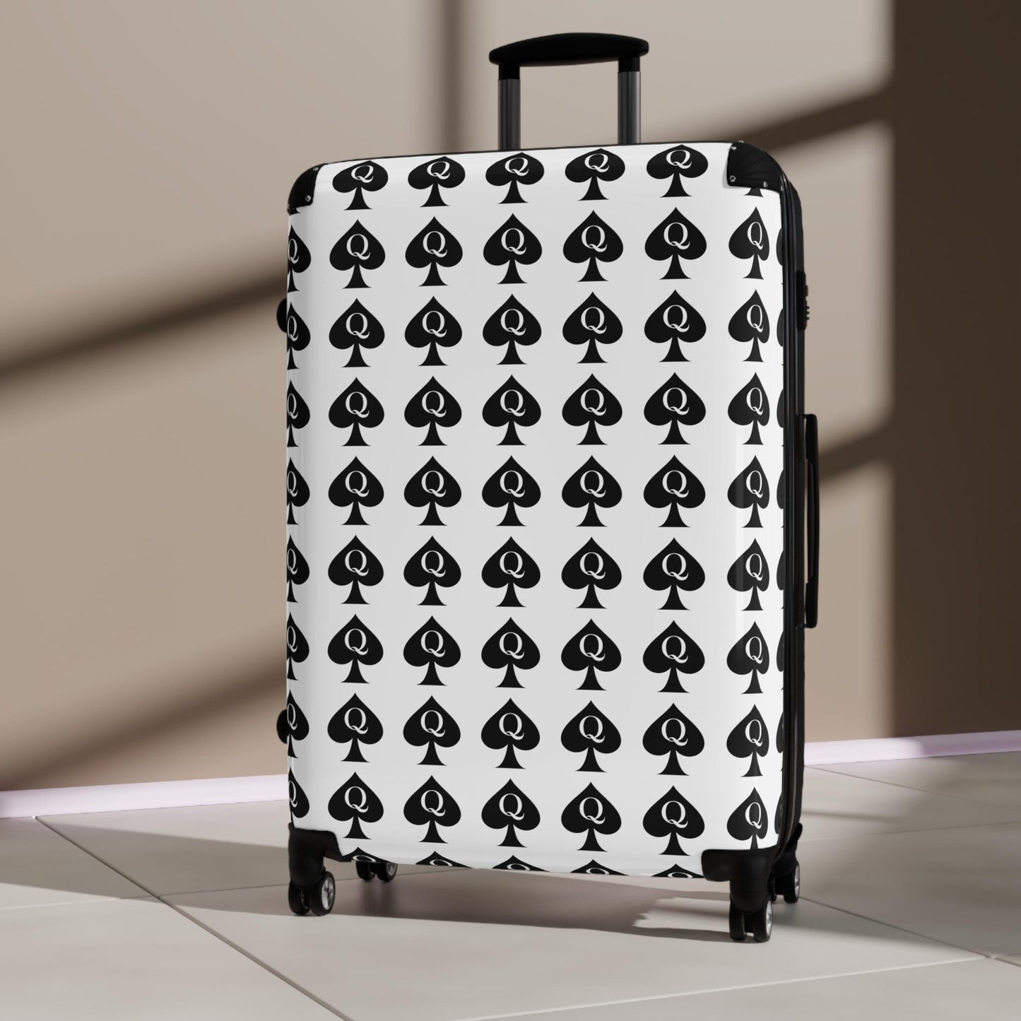 Queen of Spades Spinner white Suitcase |QOS Lifestyle Luggage Hotwife Travel, Kinky Swinger cruise Luggage, BBC Pineapple Vacation BDSM Gift