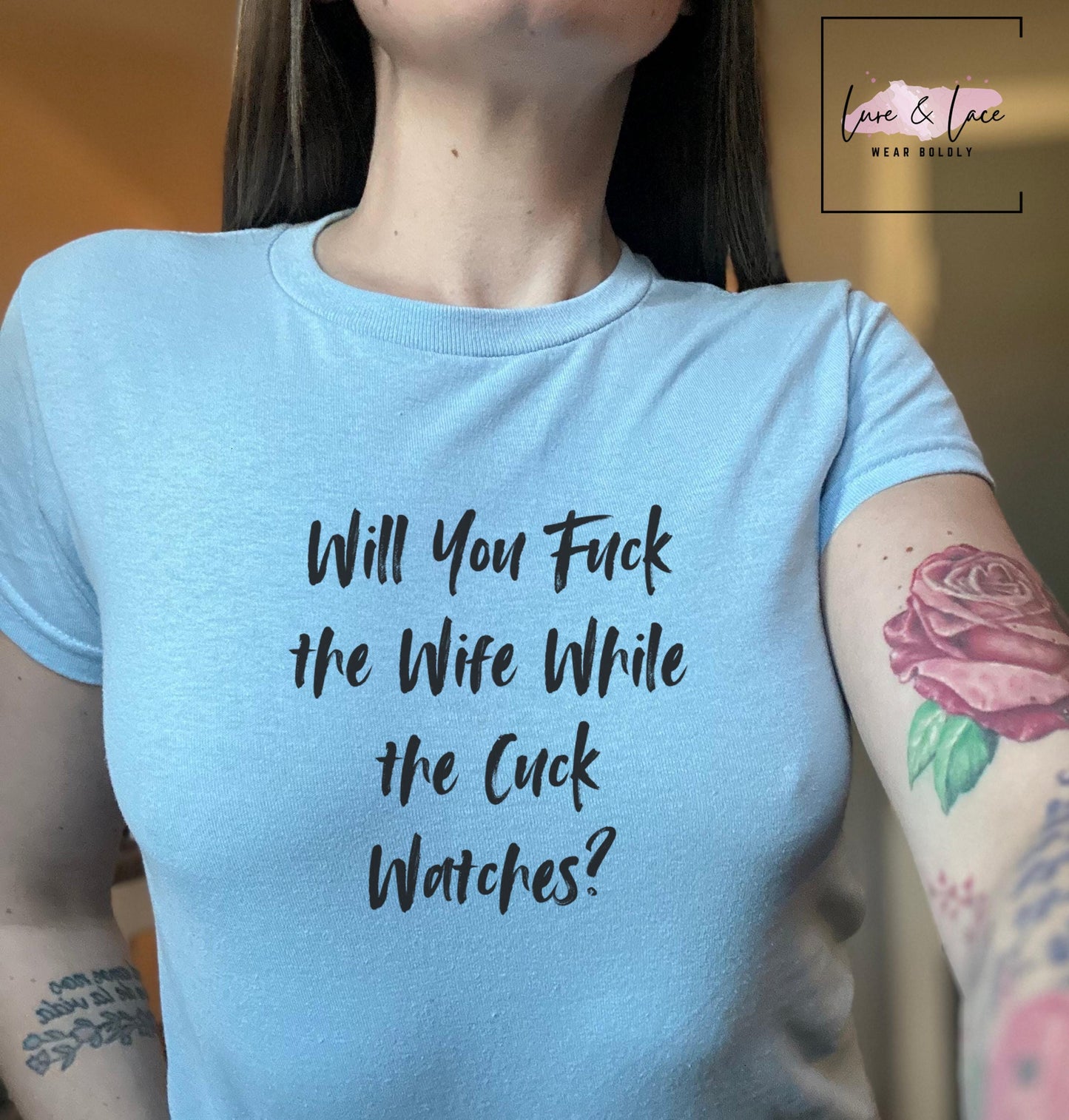 Will You Fuck the Wife While the Cuck Watches Y2K Sexy Cute Baby Tee Crop Top, Naughty Apparel Queen of Spades Swinger